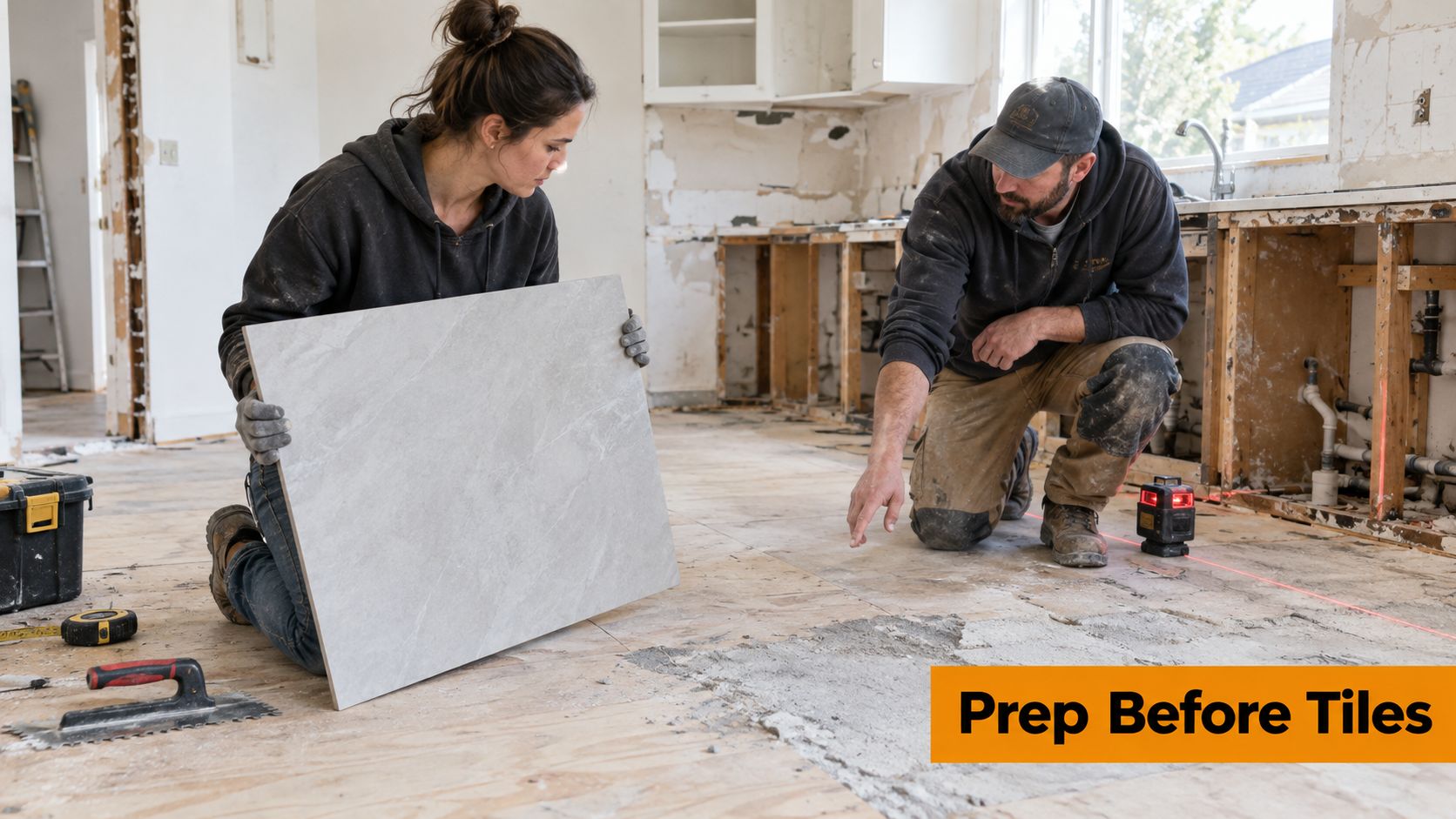 A woman and man working together to prepare a subfloor for installing large grey floor tiles.