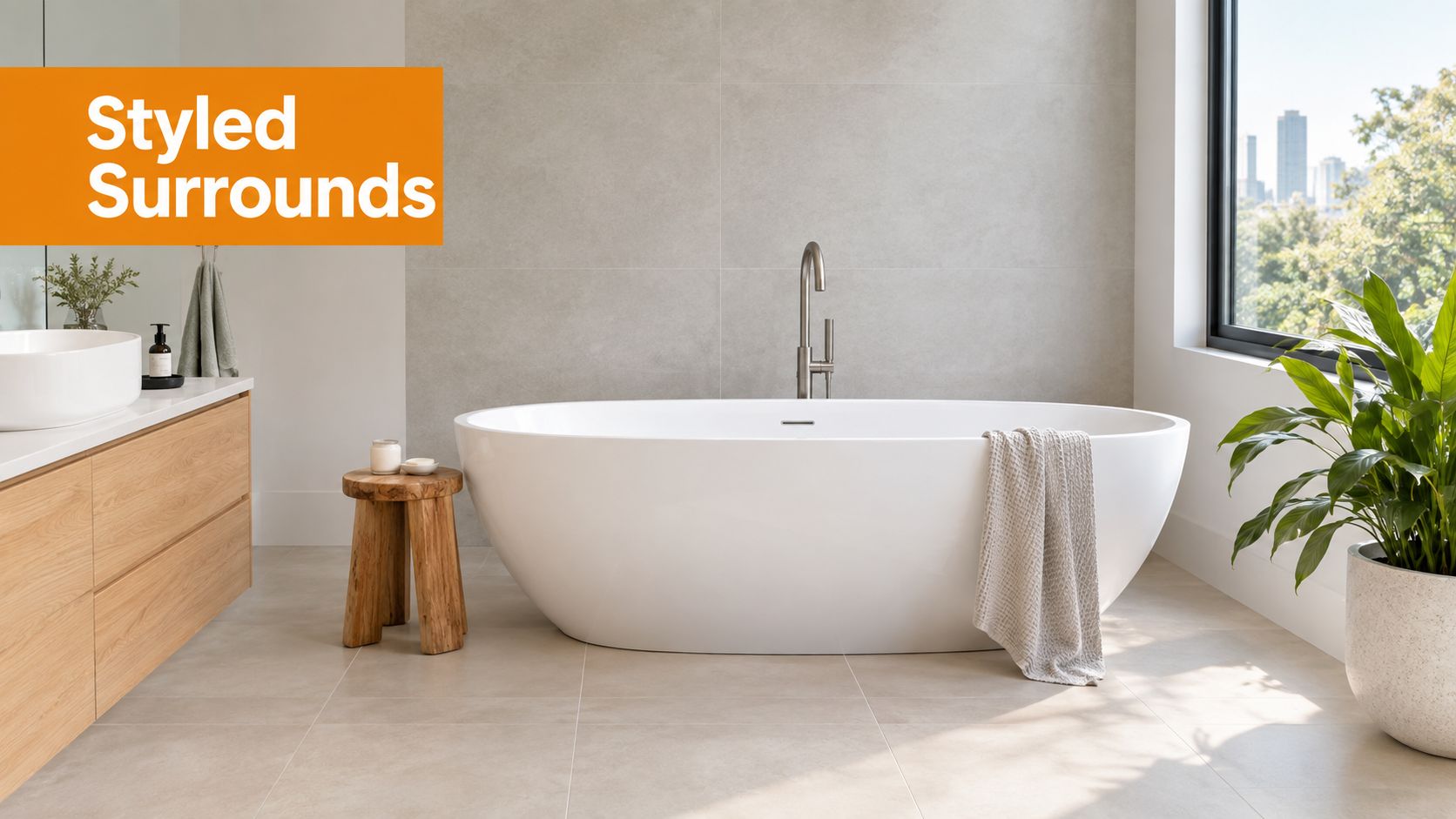 A luxurious modern bathroom featuring a white freestanding bath, wooden stool, and a large window with greenery.