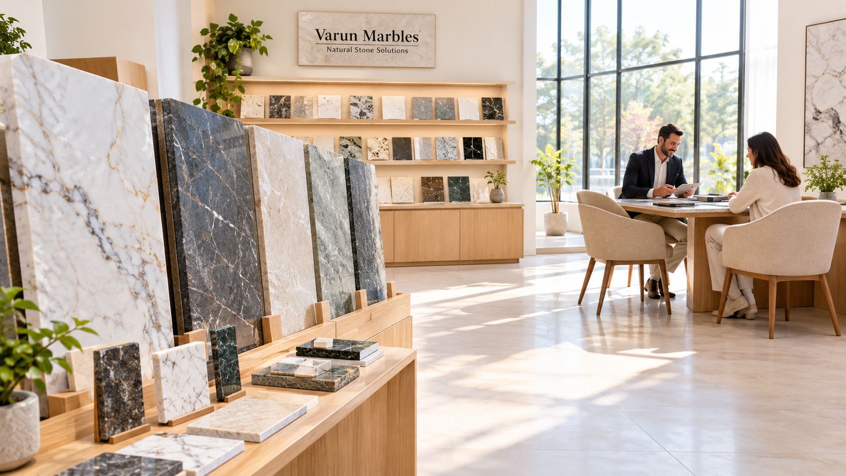 A professional sales consultation at Varun Marbles showroom with stone samples on display and clients discussing options.