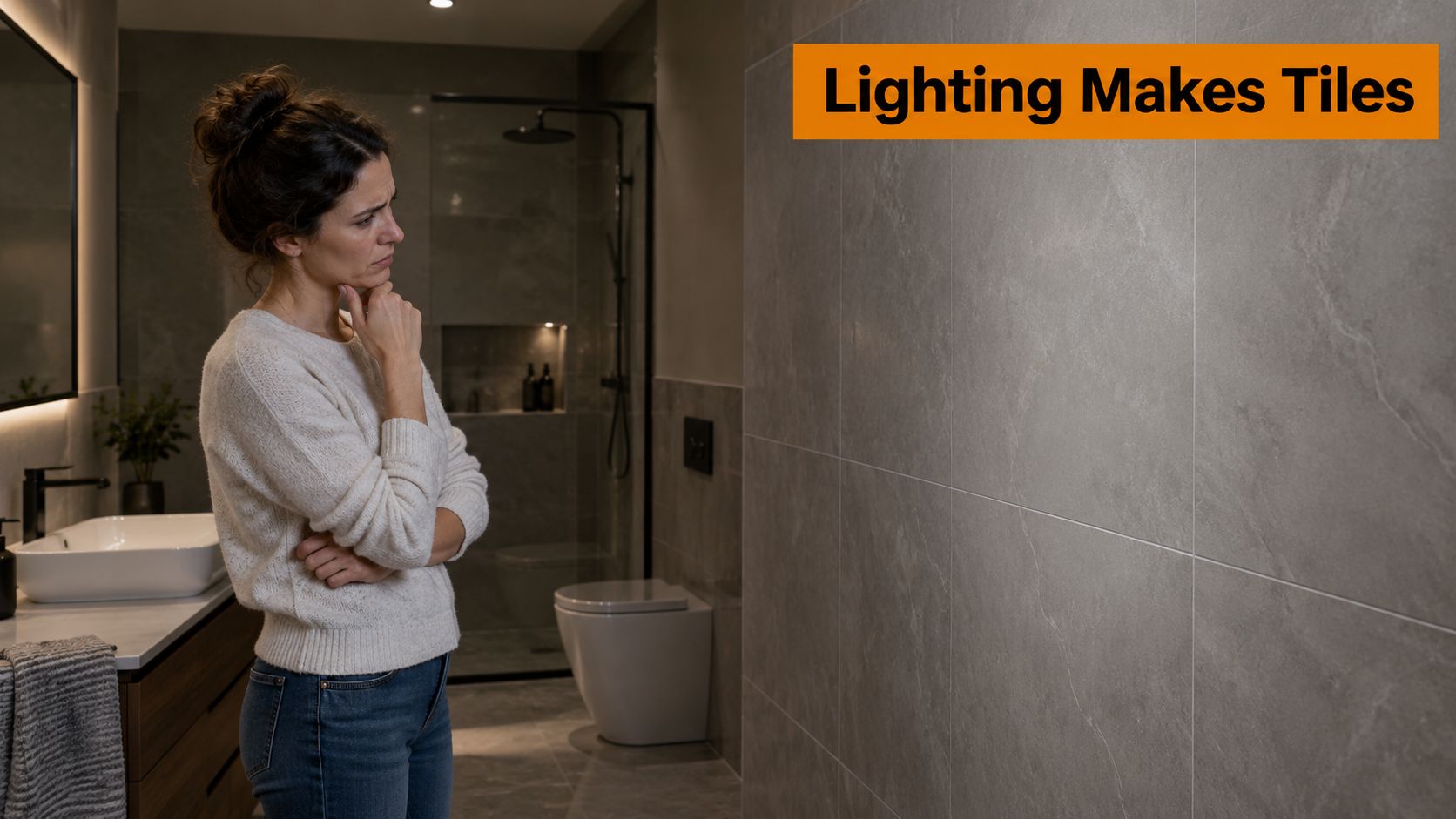 A thoughtful woman stands in a modern, dim bathroom looking at tiled walls illuminated by ambient lighting.