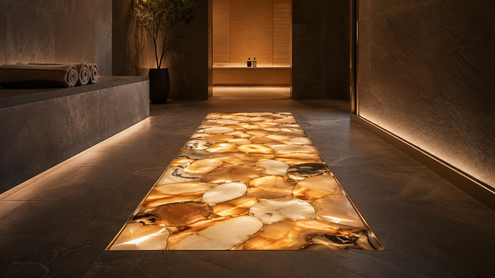 An illuminated mosaic floor featuring natural amber-toned gemstone slices set in a dark stone modern hallway.