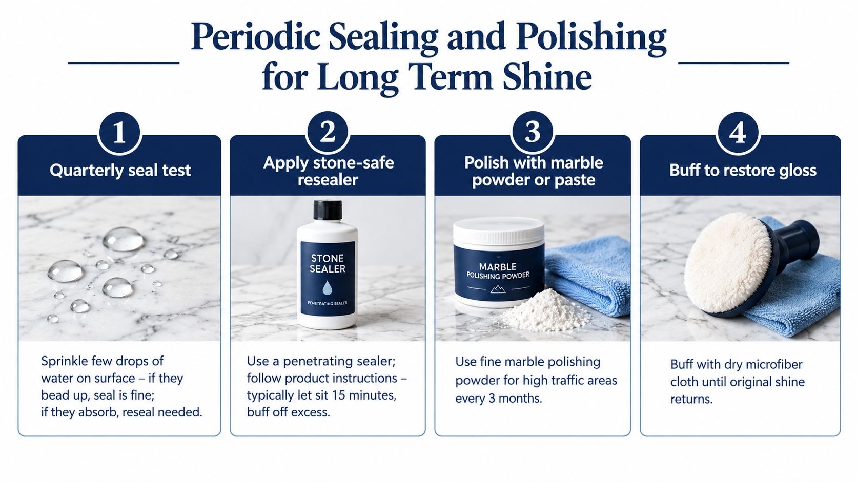 A four-step infographic showing how to maintain and restore the shine of marble stone surfaces periodically.