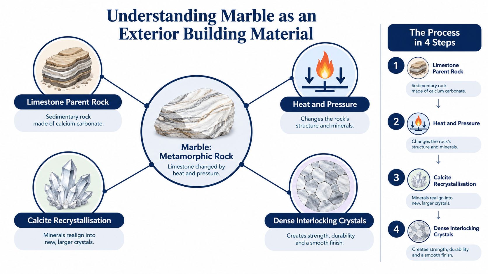 A diagram explaining how limestone parent rock transforms into durable marble through heat, pressure, and calcite recrystallisation processes.