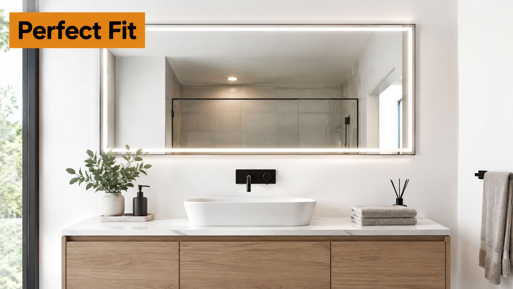 A sleek modern bathroom vanity featuring a lighted LED wall mirror above a white vessel sink.