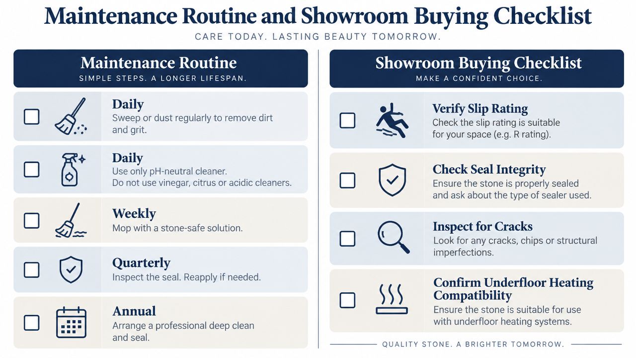 An infographic titled Maintenance Routine and Showroom Buying Checklist for stone flooring with icons and text instructions.