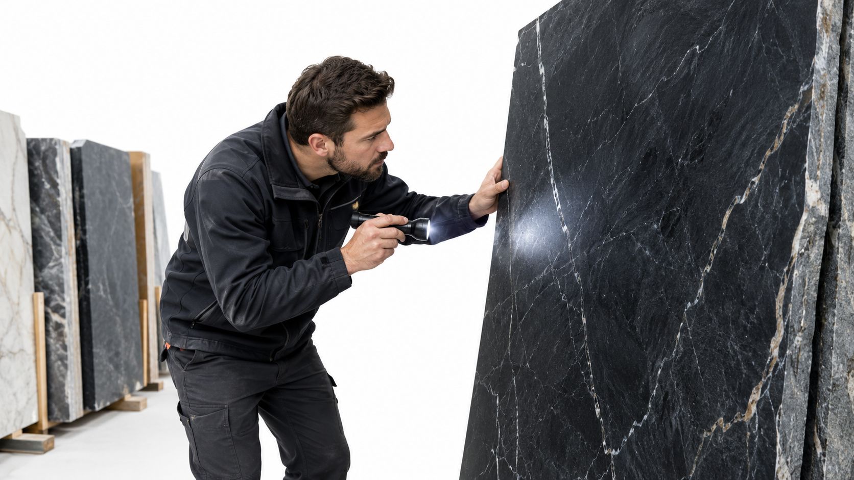 A professional stone worker inspects a large slab of black quartzite stone with a bright flashlight.
