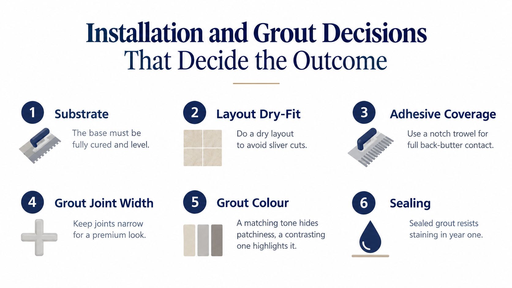 A helpful infographic listing six essential steps for installing tile, covering substrate, layout, adhesive, grout, and sealing.