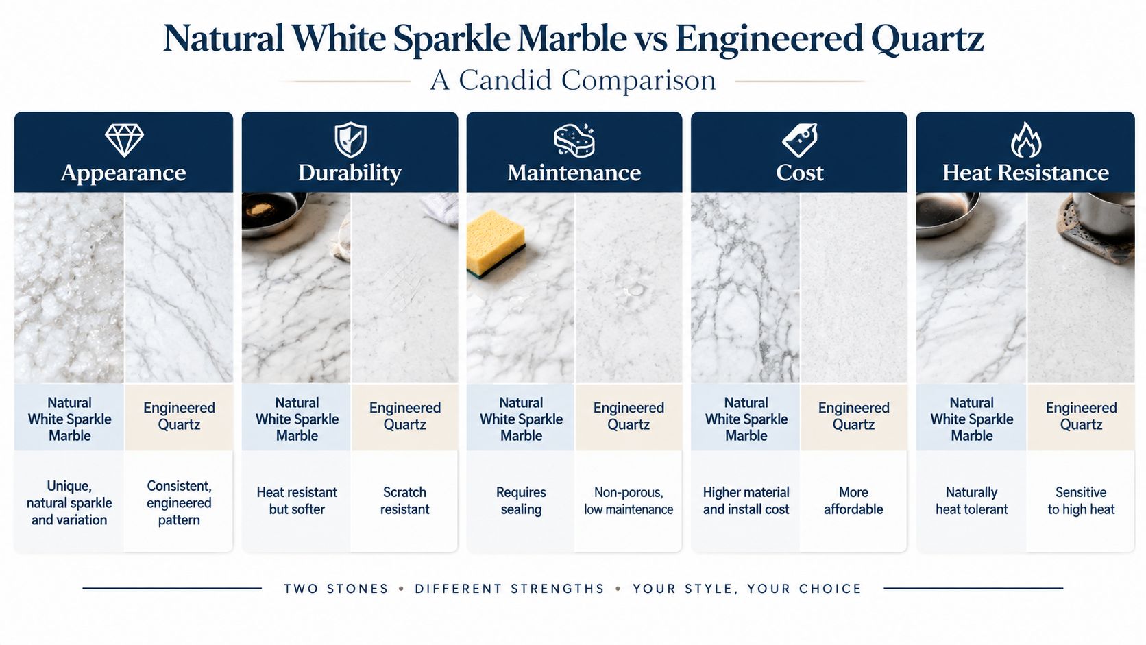 A comparison chart showing the differences between natural white sparkle marble and engineered quartz countertops across five categories.