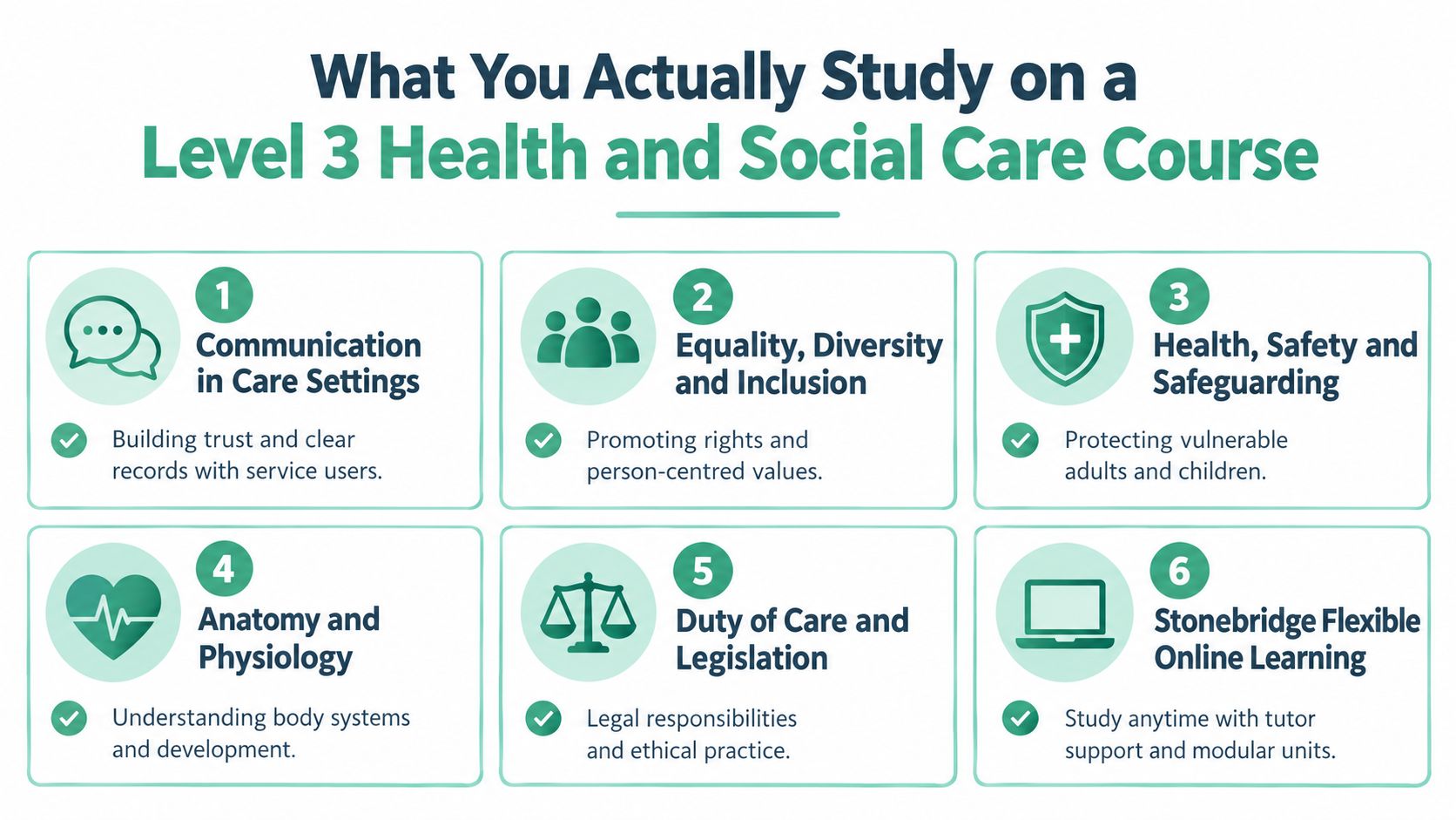 An infographic outlining six key topics studied in a Level 3 Health and Social Care course.