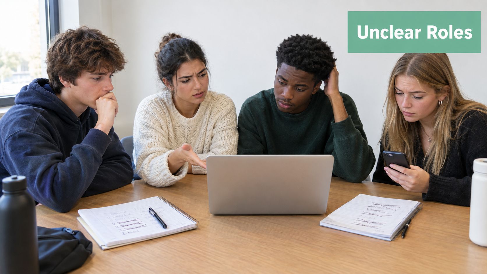 A diverse group of four students looking concerned while collaborating on a project with a laptop.