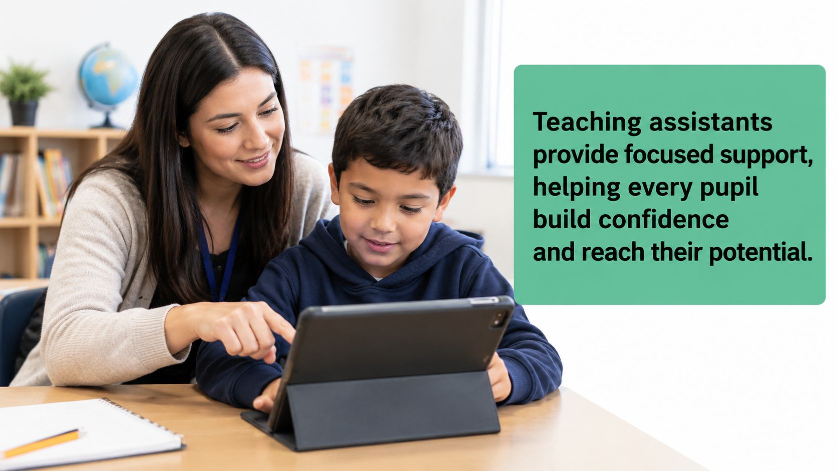 A teaching assistant supporting a student with their learning on a digital tablet in a classroom.