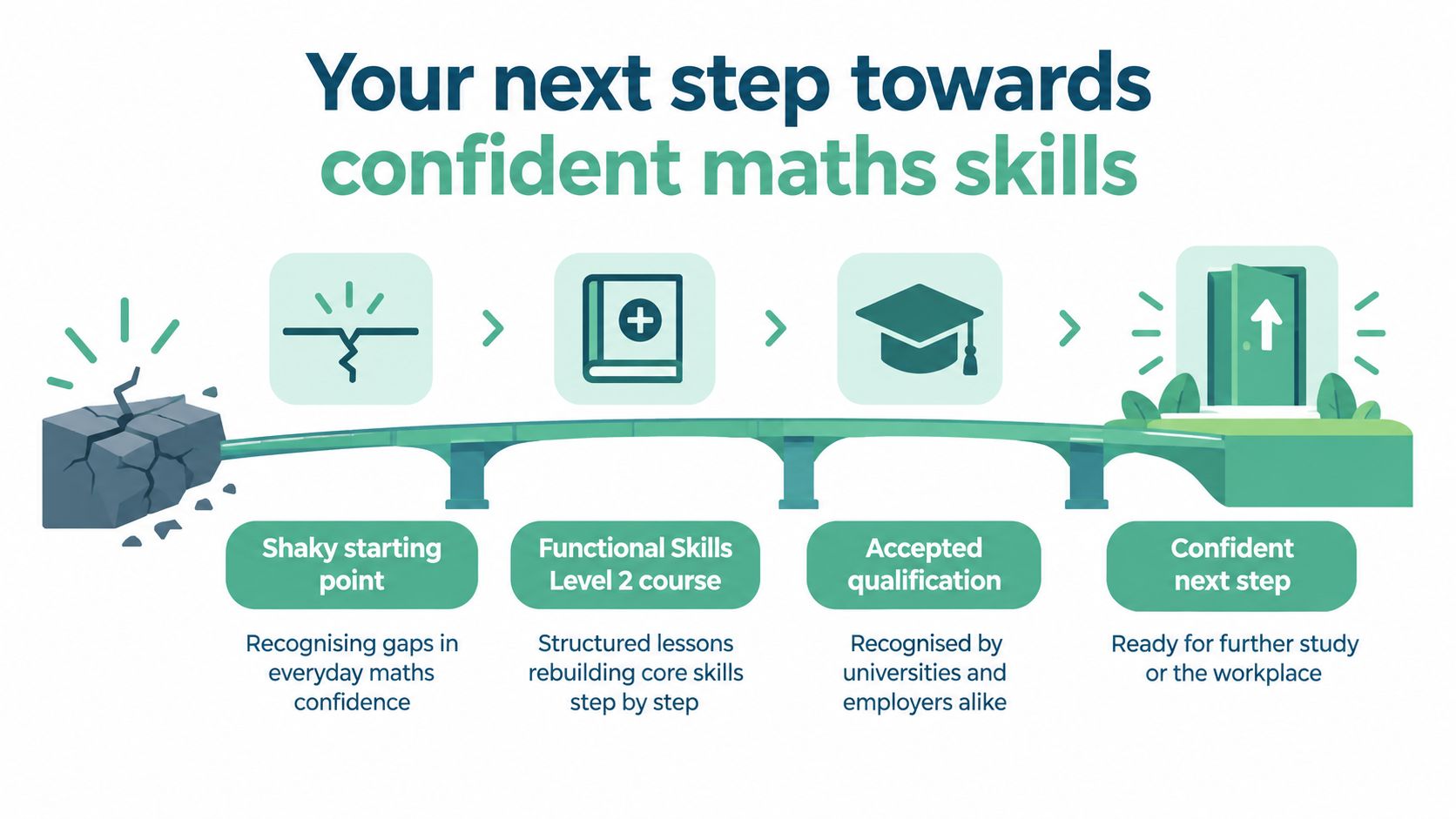 A four-step graphic showing the journey from shaky maths confidence to achieving a recognised qualification.