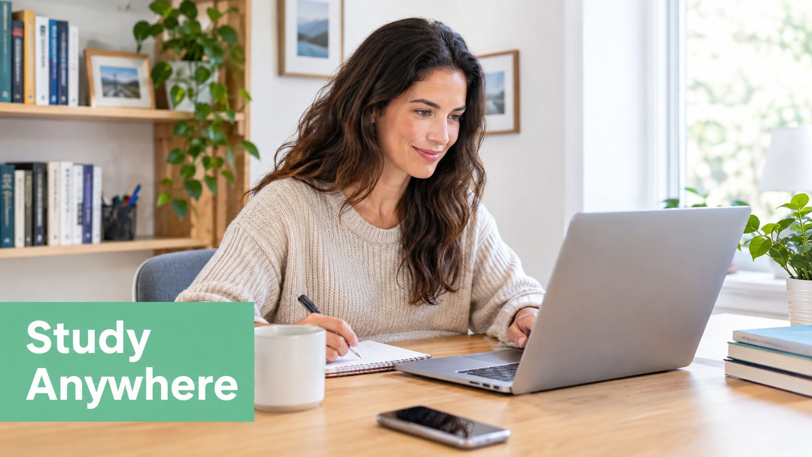 A woman studying on her laptop while sitting at a wooden desk with a notebook and coffee.