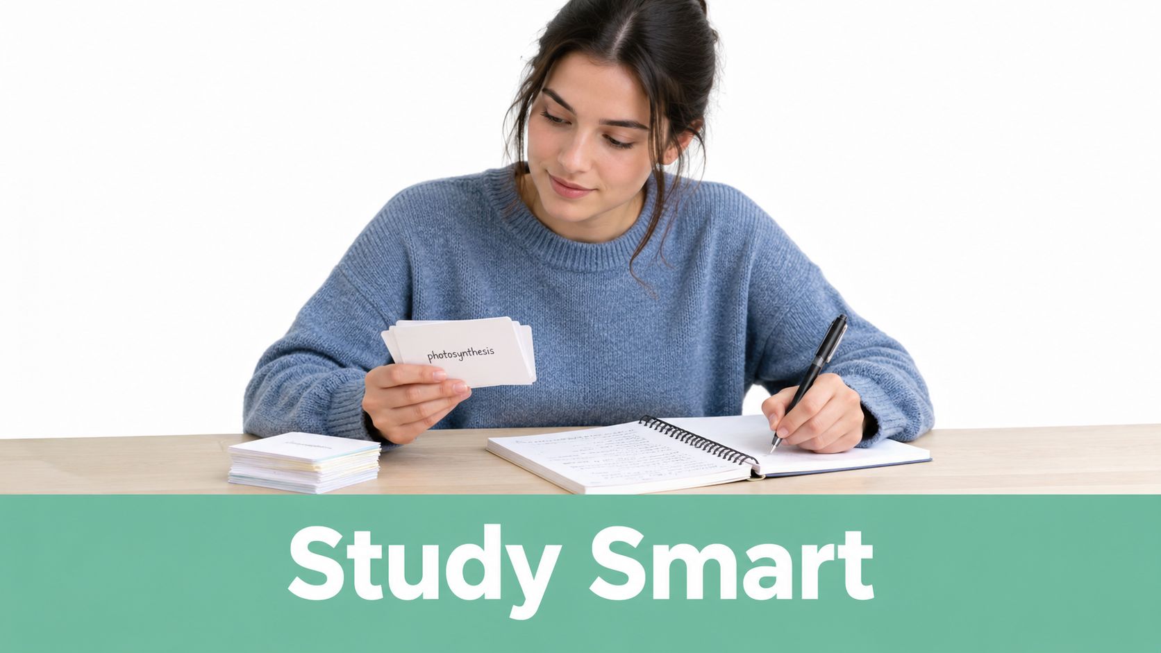 A young woman studying at a desk with flashcards and a notebook for functional skills learning.