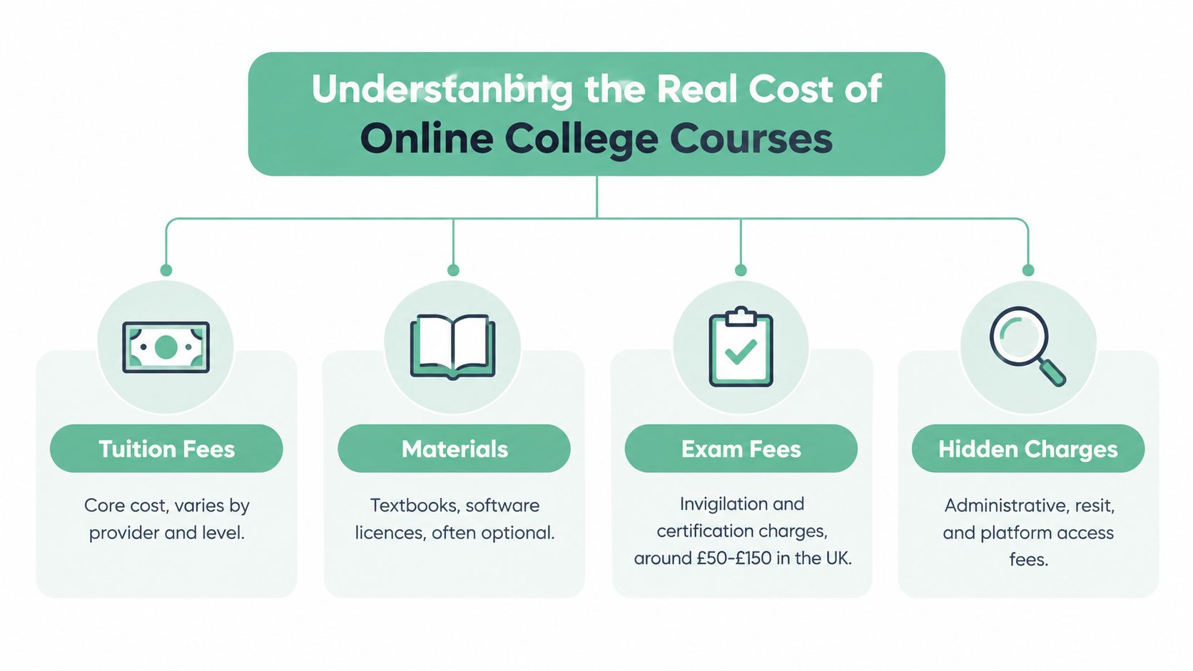 A diagram illustrating the breakdown of expenses for online college courses, including tuition, materials, exams, and fees.