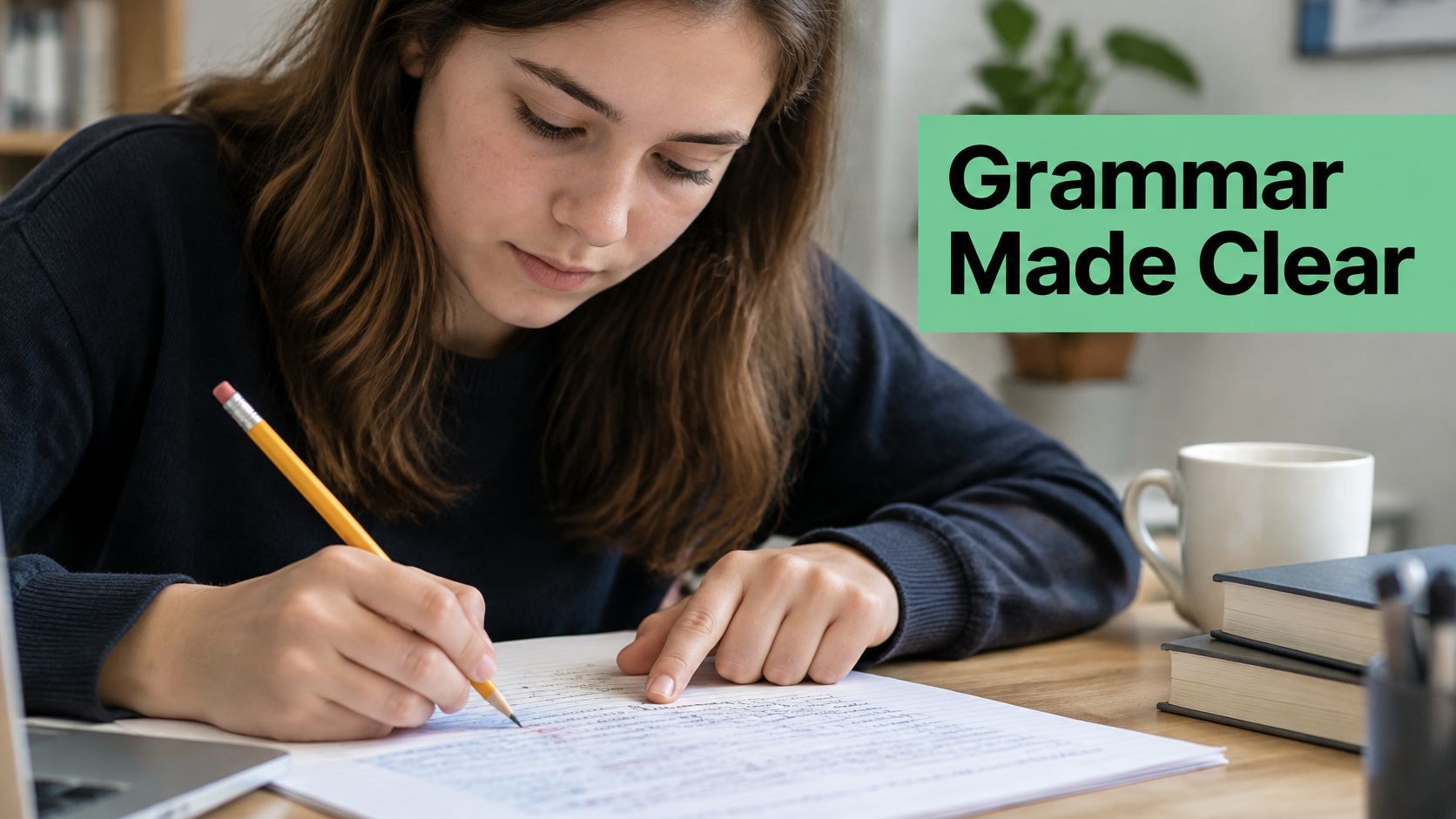A learner proofreading a written document with a pencil.