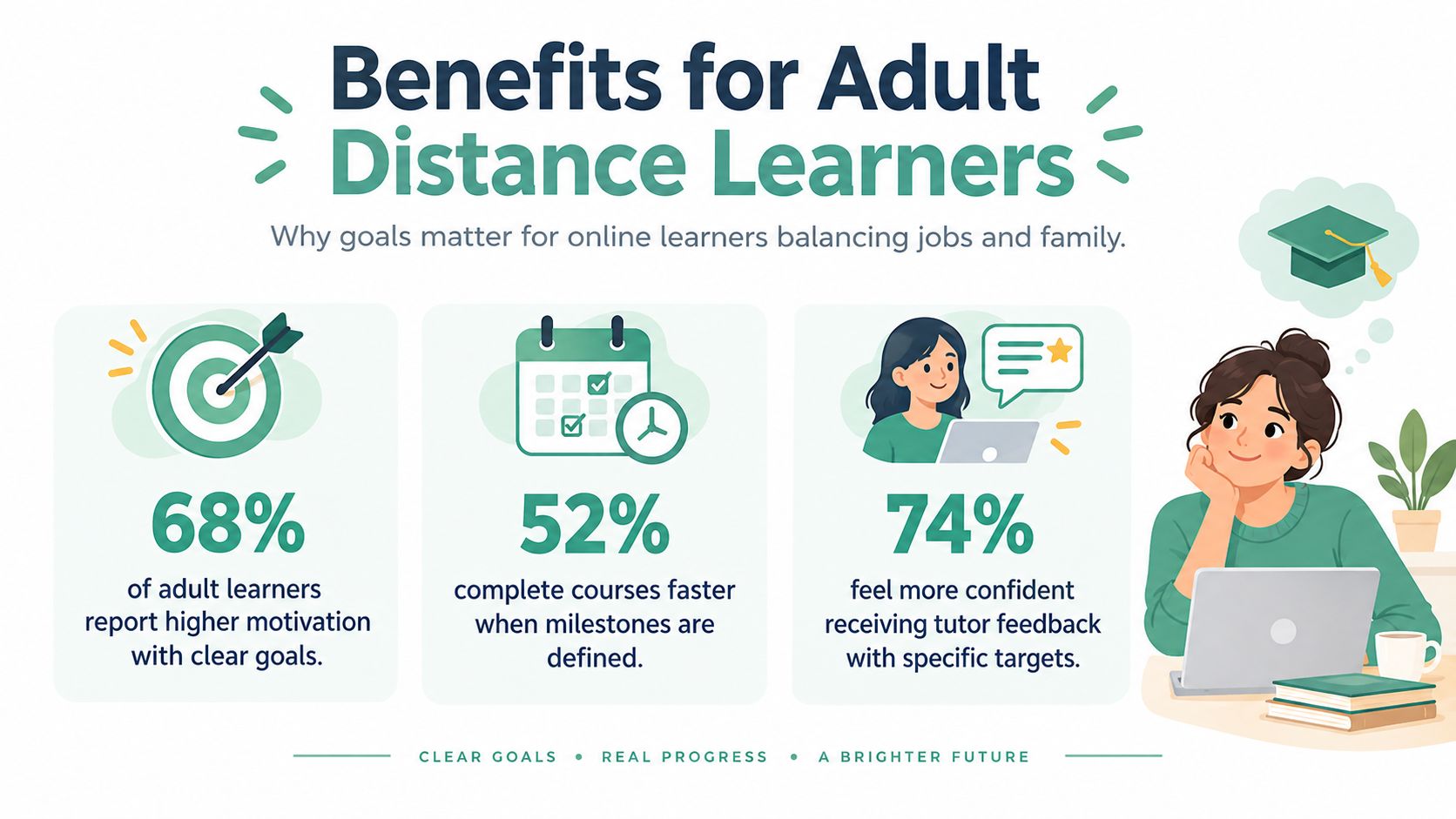 An infographic illustrating how setting clear goals improves motivation, course completion speed, and confidence for distance learners.