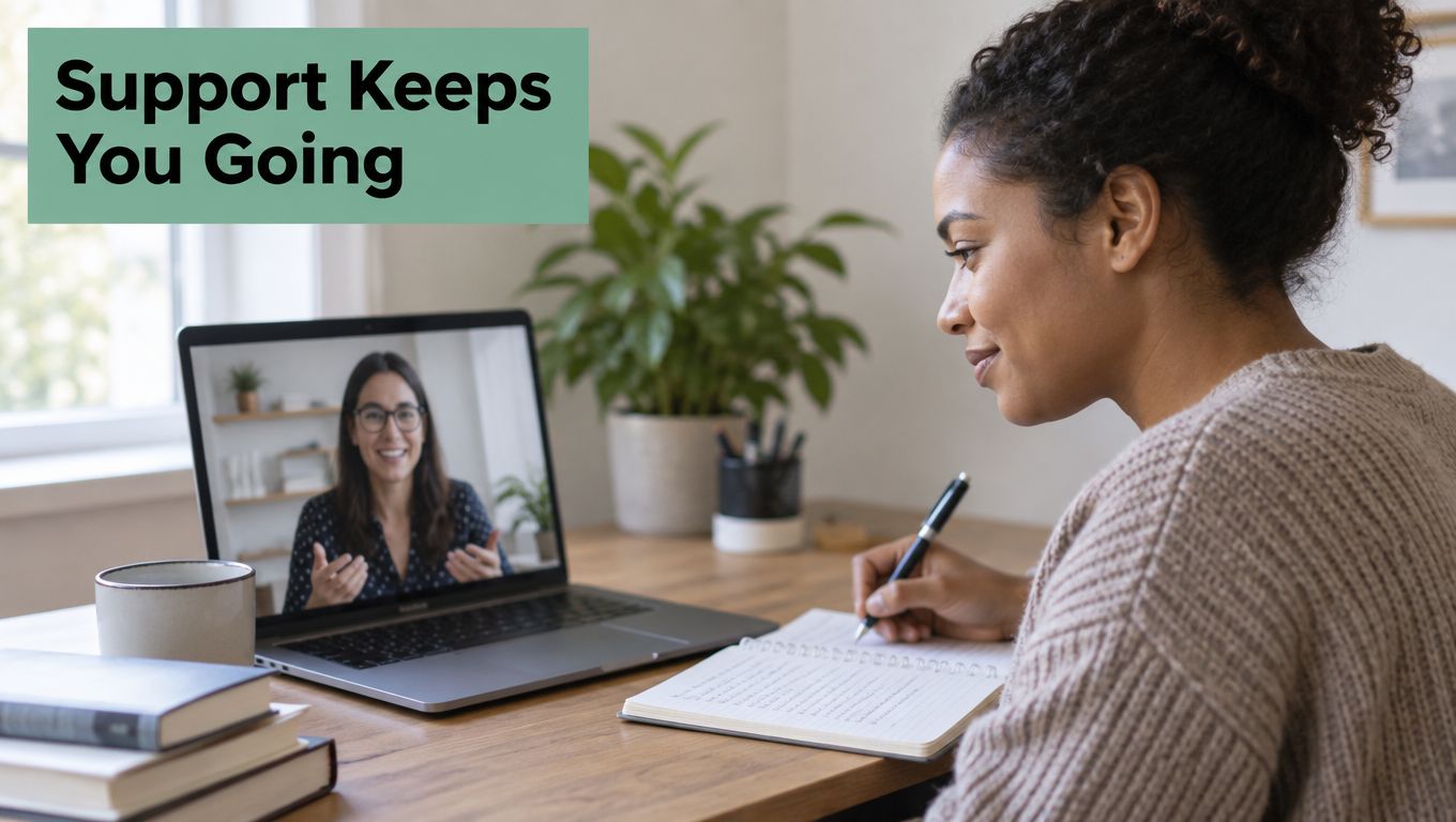 A woman participates in an online video call session while taking notes in her study notebook.