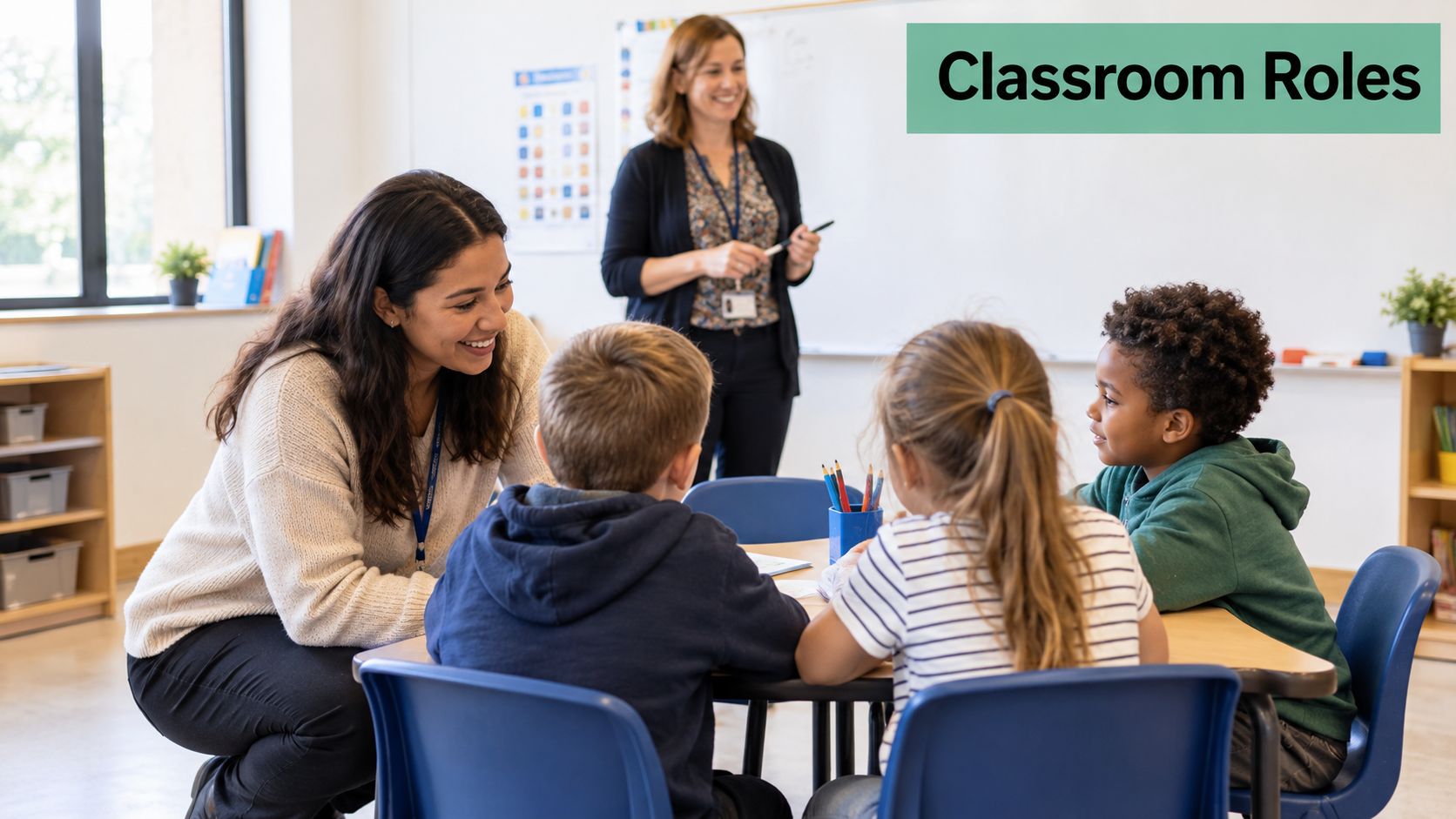 A teacher assisting small children at a table during a classroom learning activity in school.