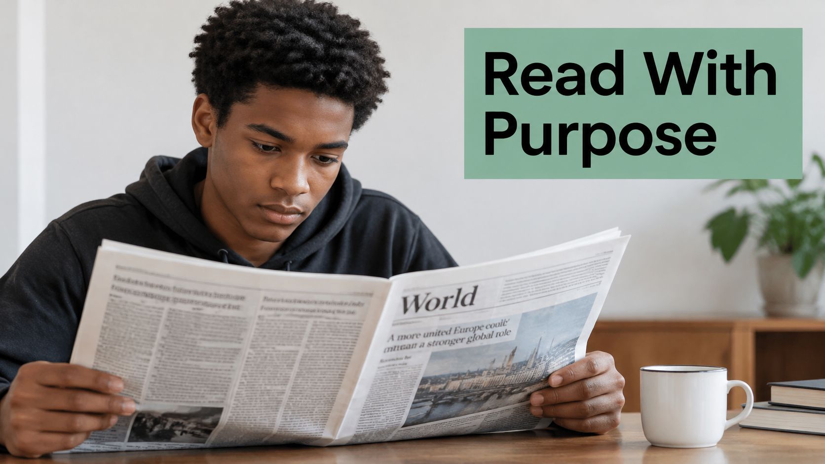 A learner reading a newspaper at a desk.