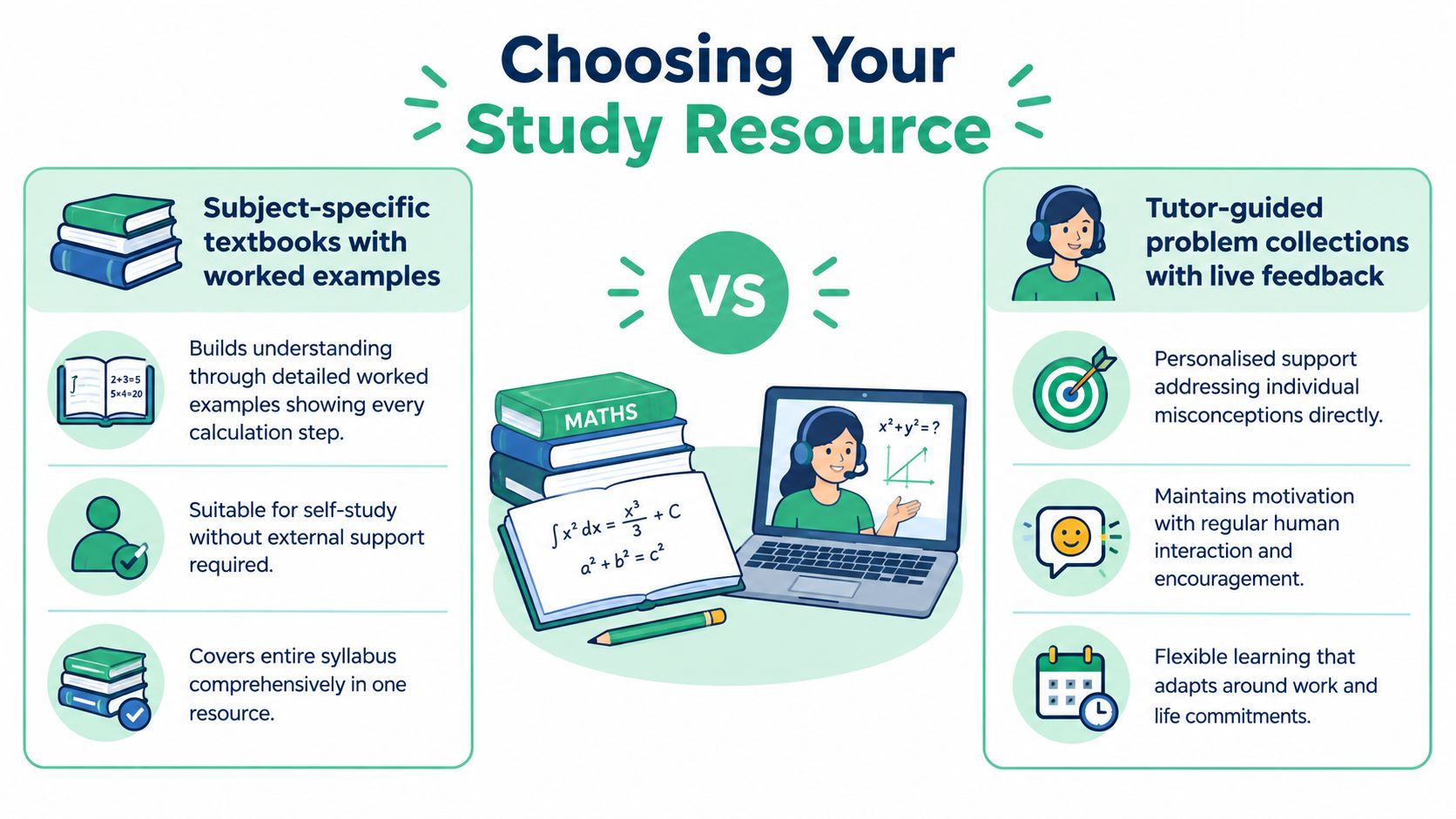 A comparison chart showing subject-specific textbooks versus tutor-guided problem collections for math study resources.