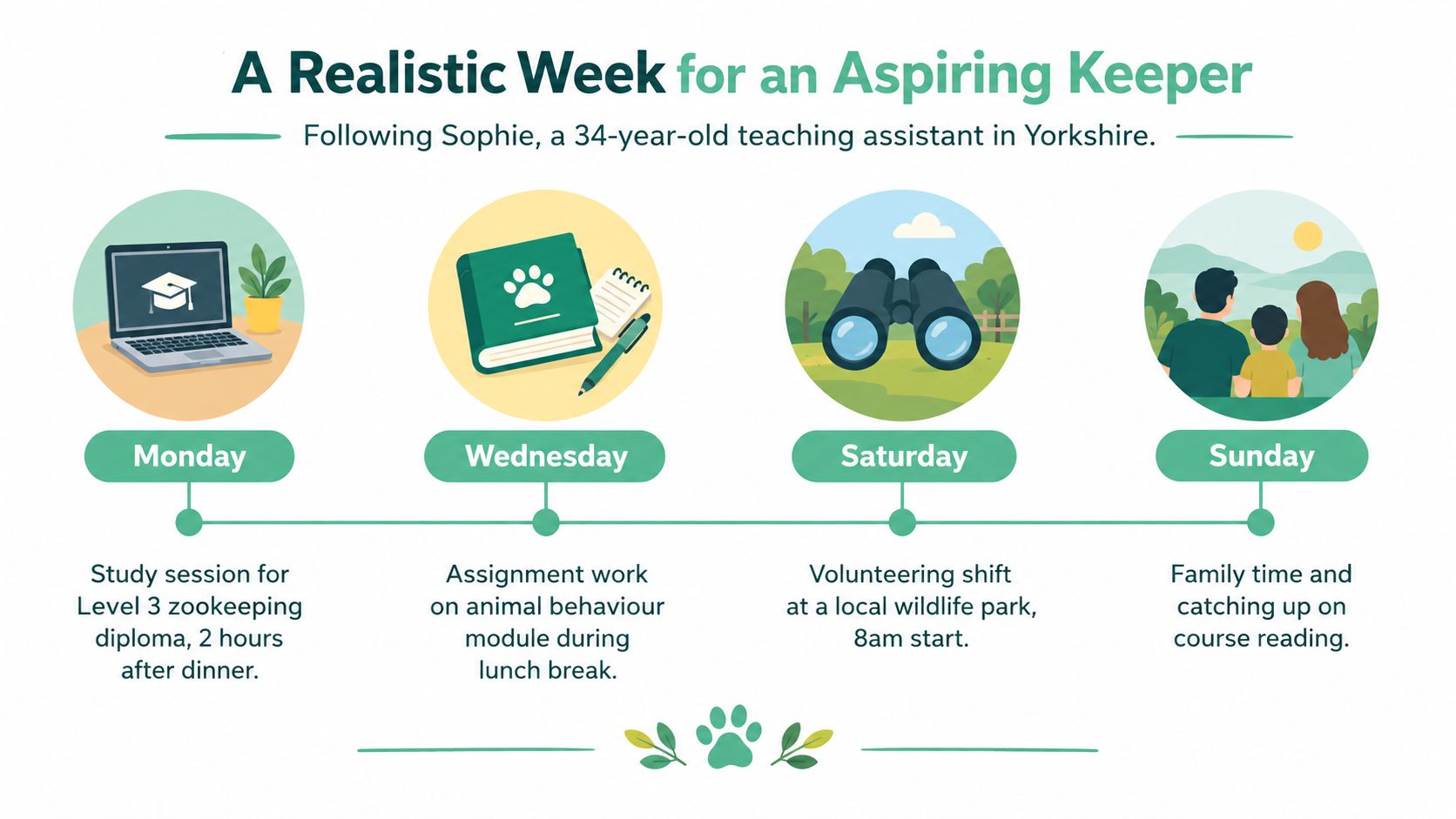 An infographic showing a weekly schedule for an aspiring zookeeper balancing study, work, and family life.