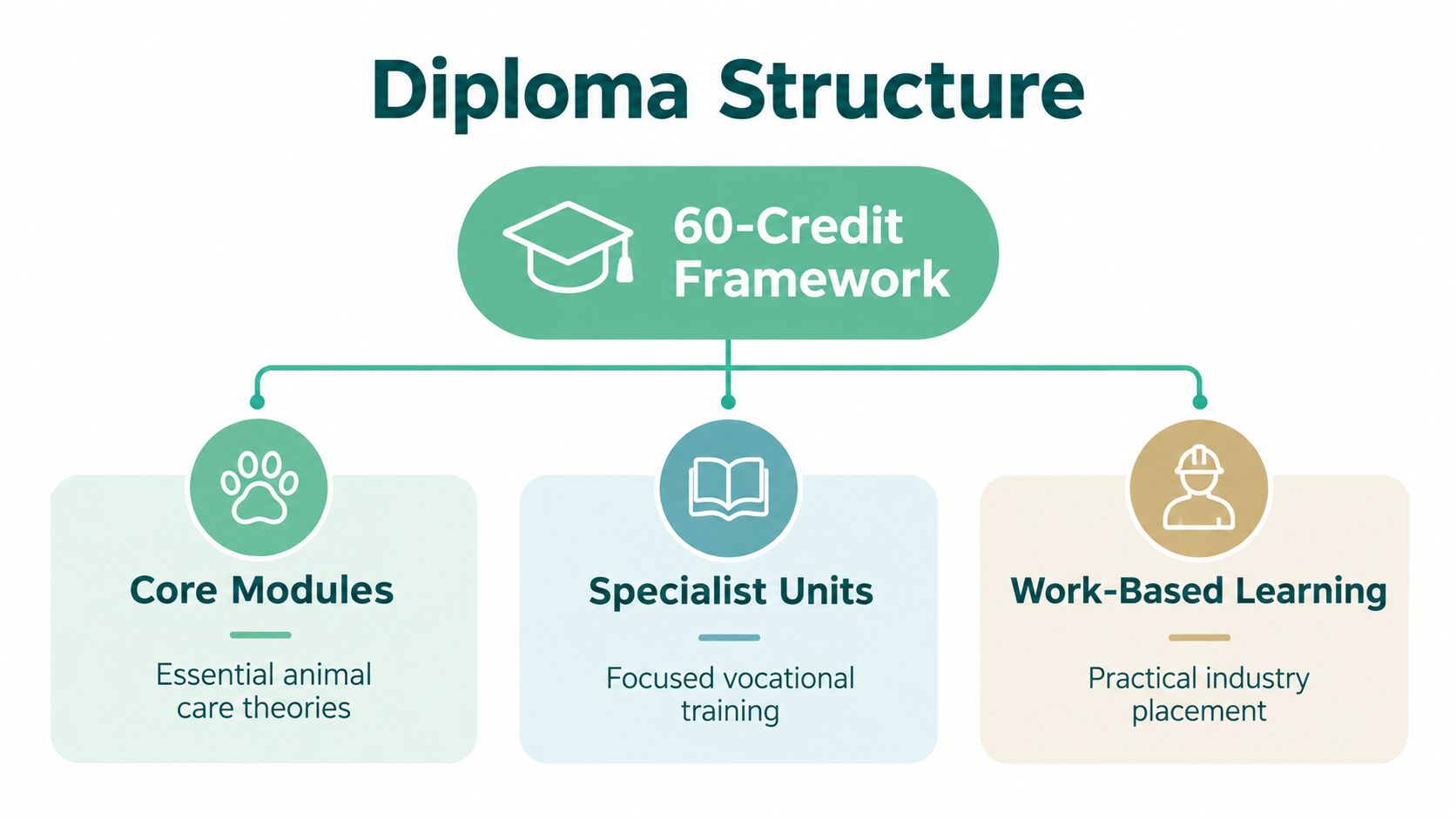 A diagram illustrating a 60-credit diploma structure for animal care comprising core modules, specialist units, and work-based learning.