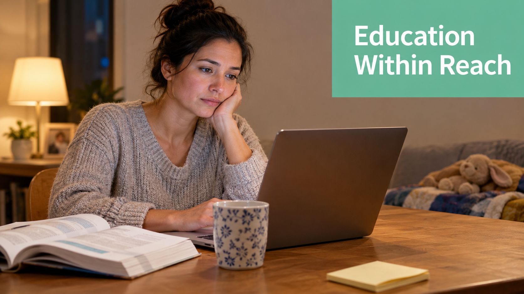 A woman studying on a laptop at a table with an open textbook and a mug.