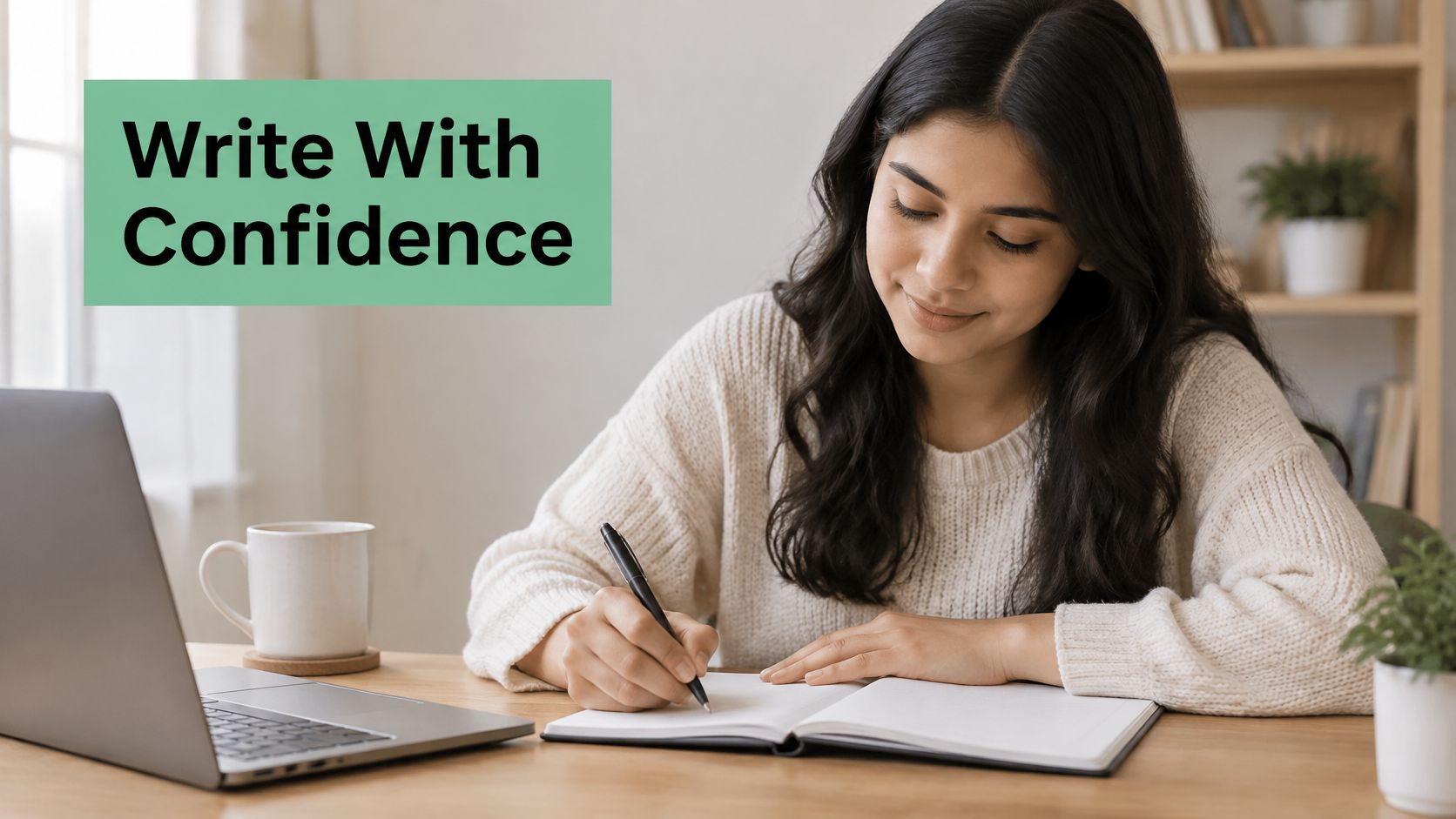A learner drafting written work beside a laptop.