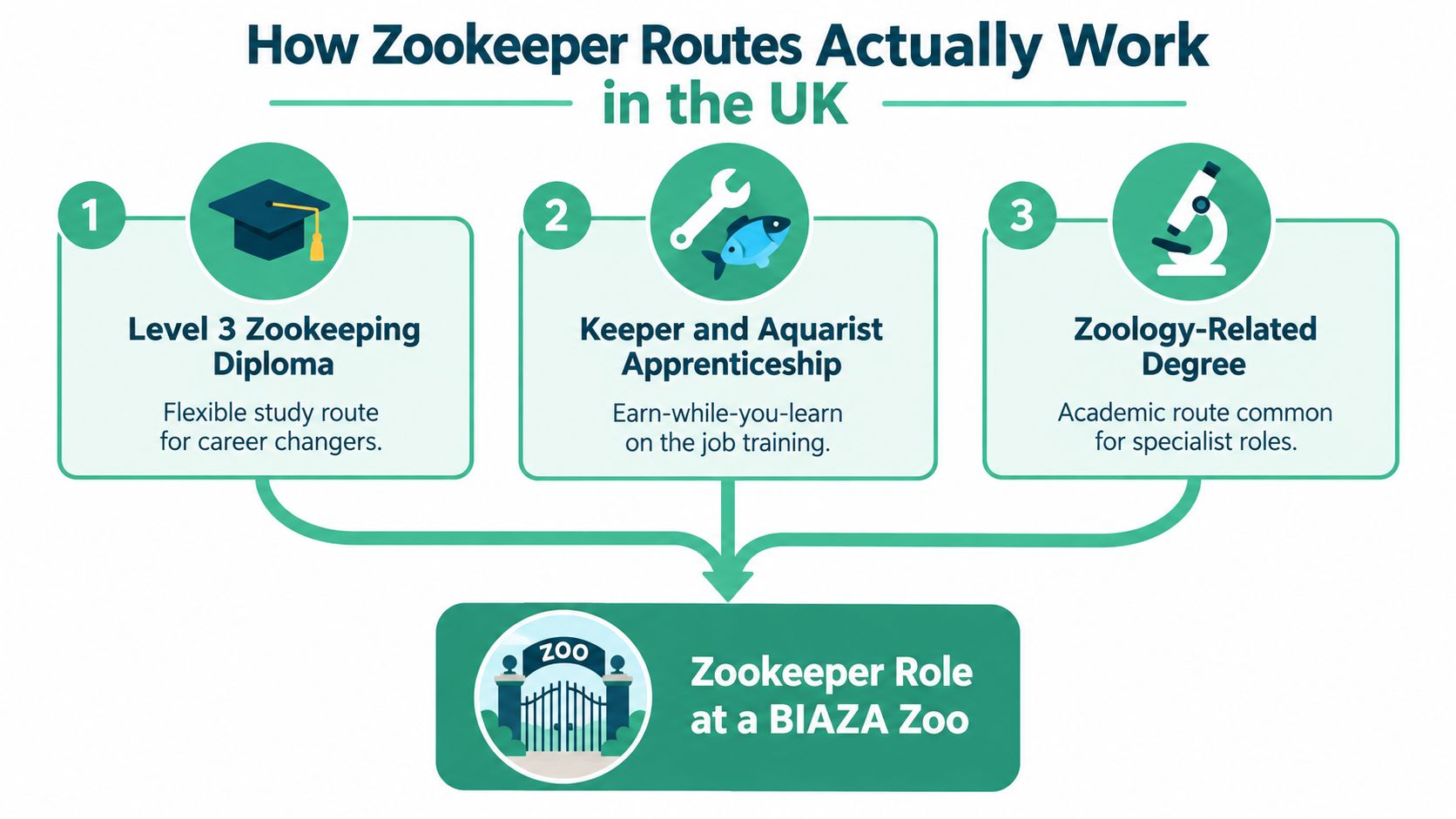 A diagram illustrating three educational and training routes for becoming a zookeeper in the UK.
