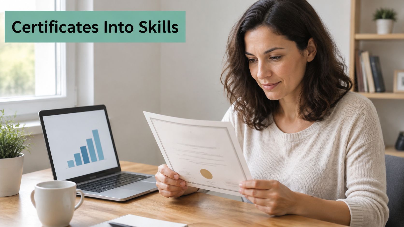 A professional woman looks at a certificate with a smile while sitting at her tidy office desk.