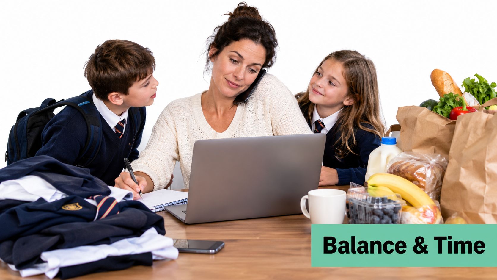 A busy mother balancing work on a laptop and a phone call while children look on.