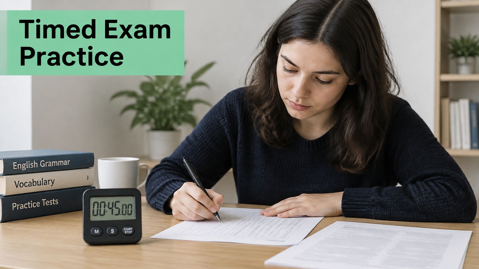 A learner practising written answers beside textbooks and a timer.