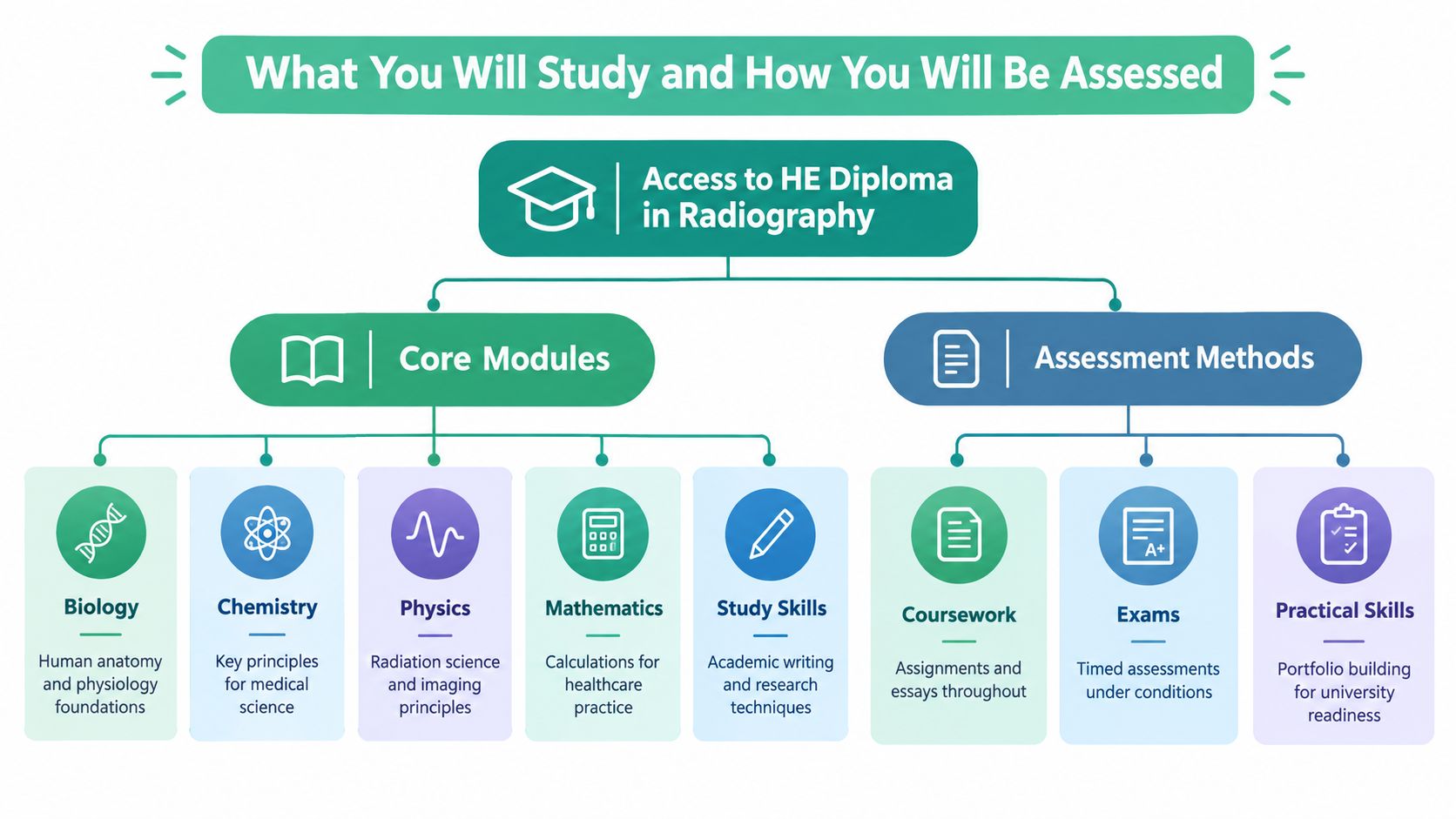 A flowchart diagram outlining the core modules and assessment methods for an Access to HE Diploma in Radiography.