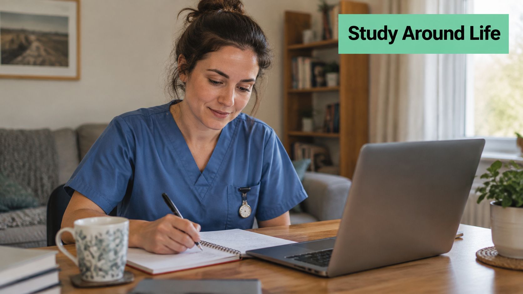 A woman in blue scrubs writing in a notebook while studying on a laptop at home.