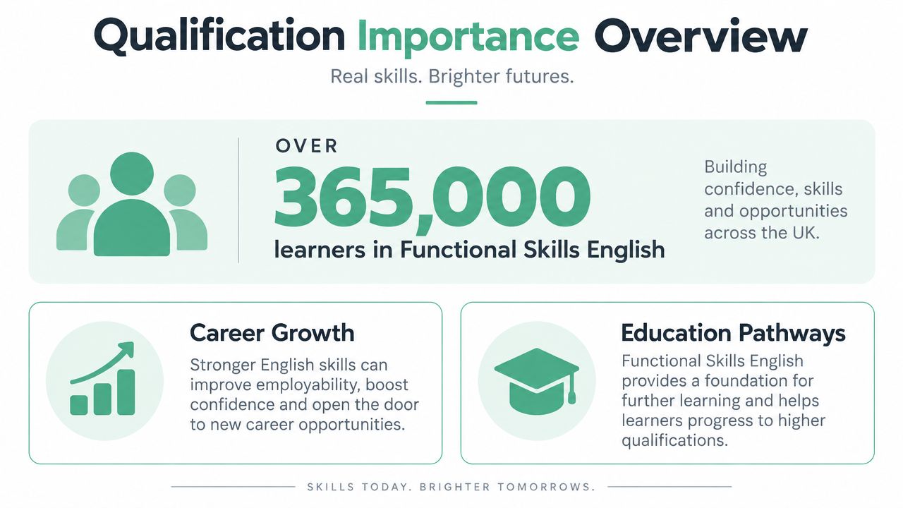 An infographic highlighting the importance of functional skills English with statistics and benefits for career and education.
