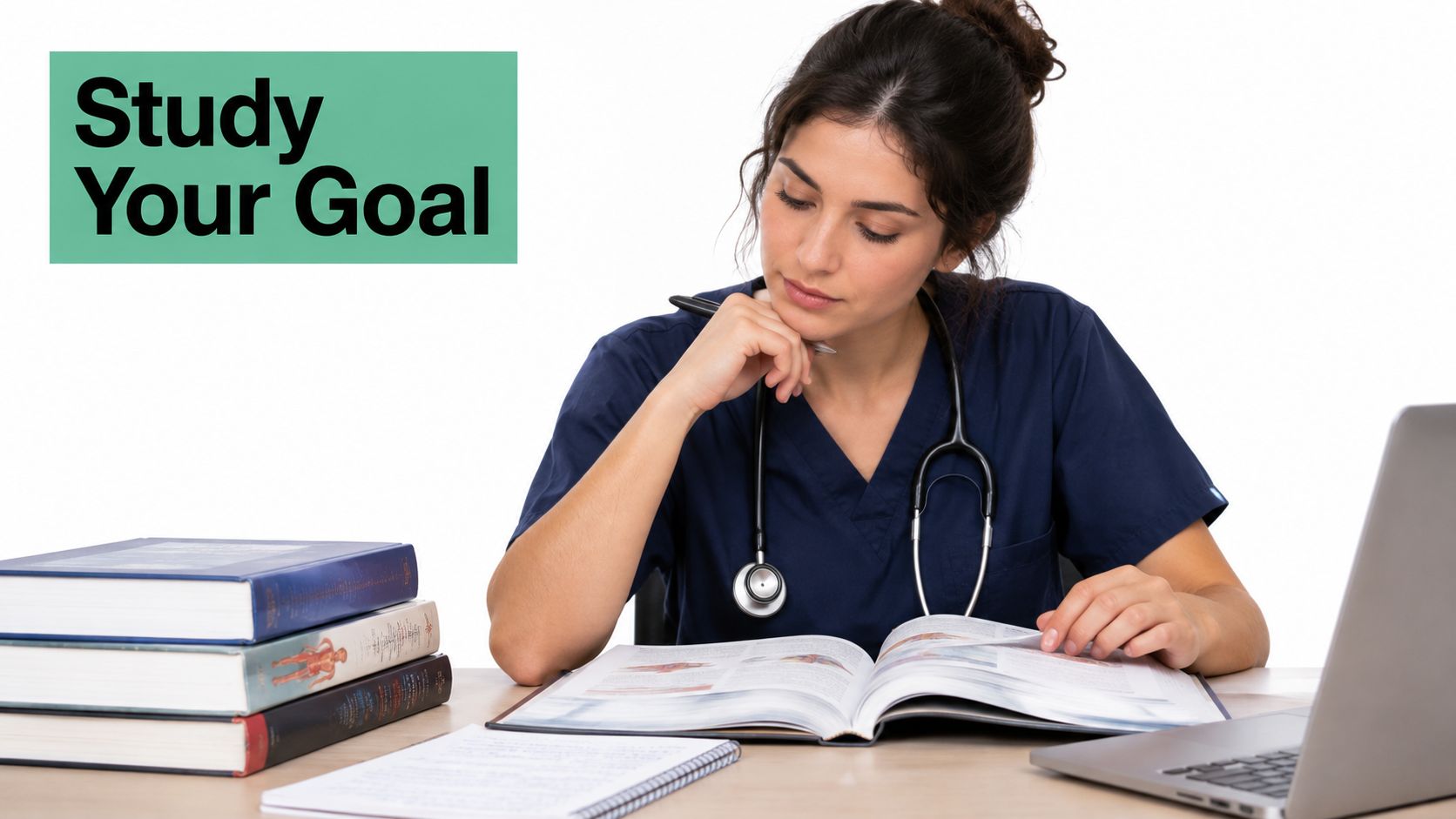 A focused medical student wearing scrubs and a stethoscope studies from textbooks and a laptop.