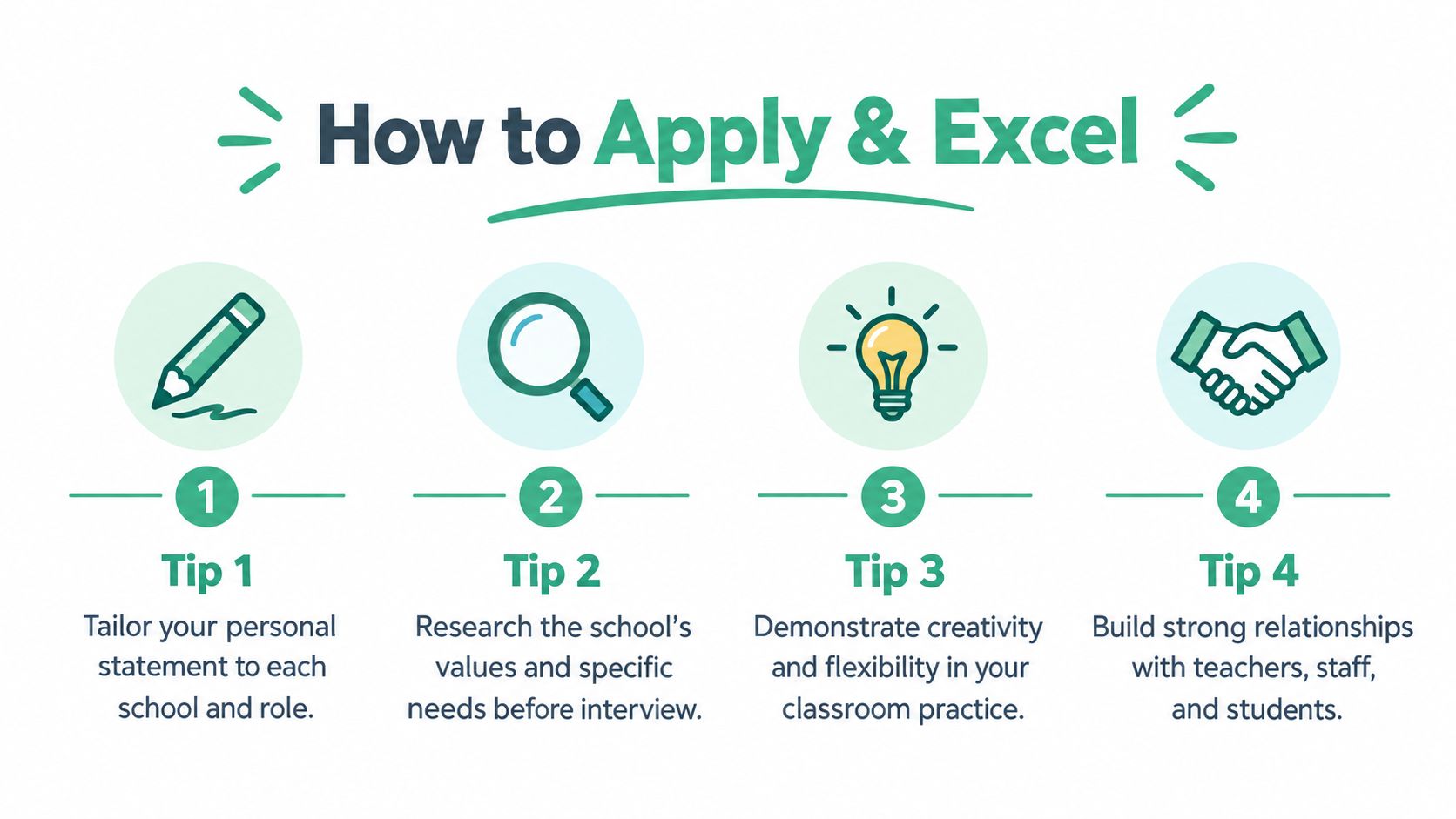 A four-step infographic showing how to apply and excel in a teaching position with helpful tips.