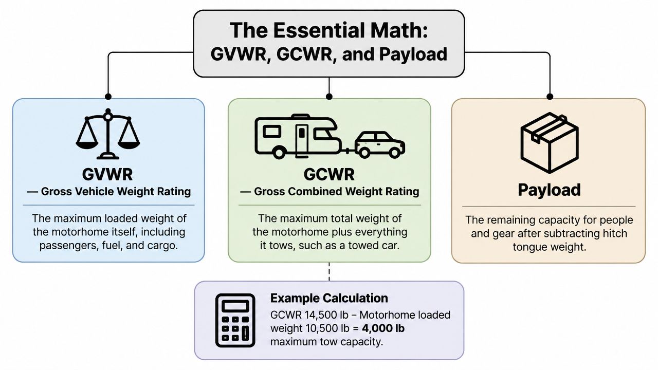 A chart explaining the essential weight ratings for motorhomes including GVWR, GCWR, and payload capacity calculations.