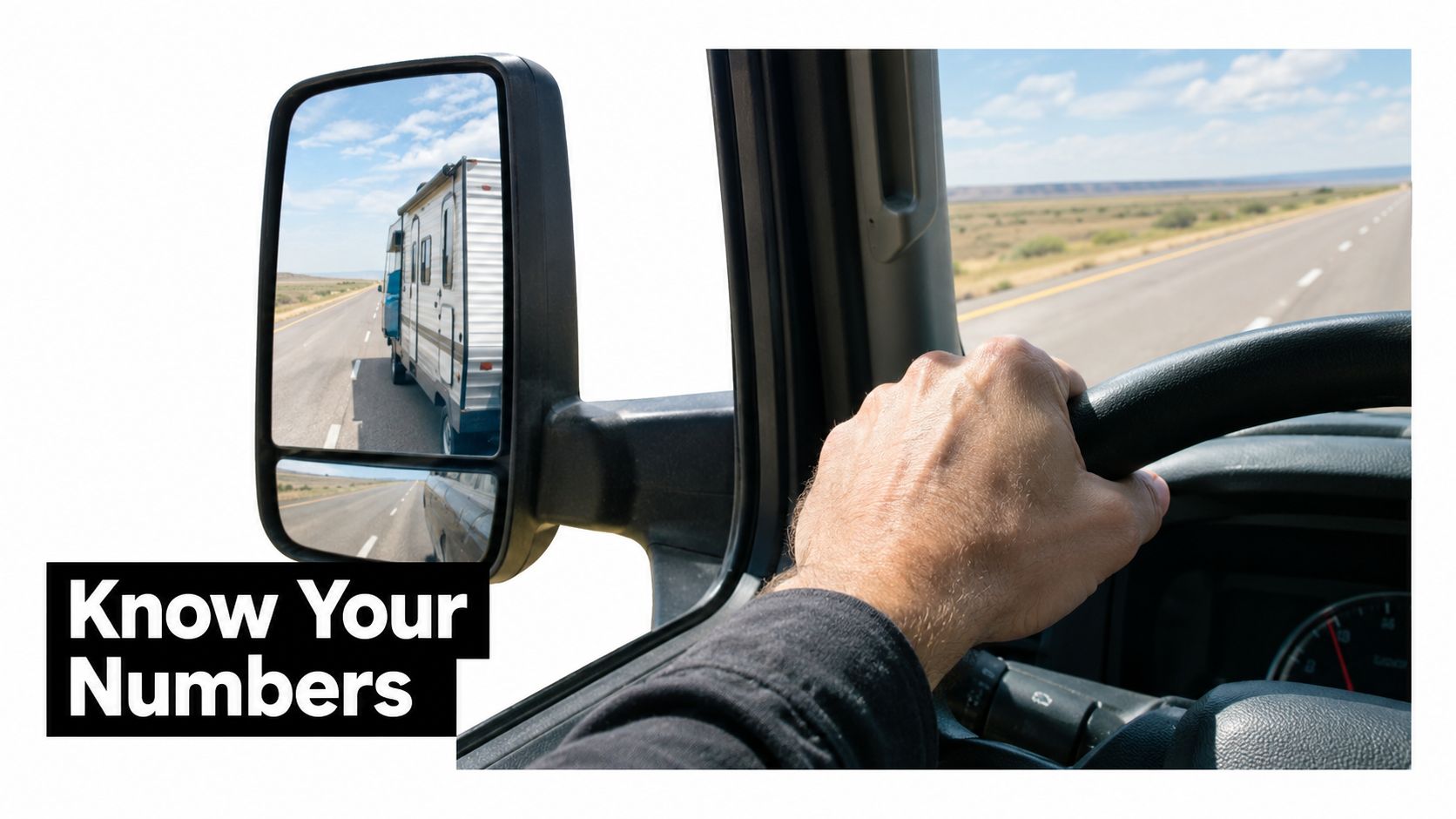 A first-person view from the driver's seat of a truck towing a white travel trailer on highway.