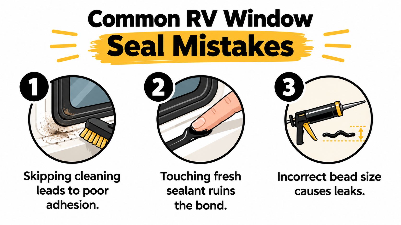An infographic showing three common RV window sealing mistakes to avoid for proper maintenance and leak prevention.