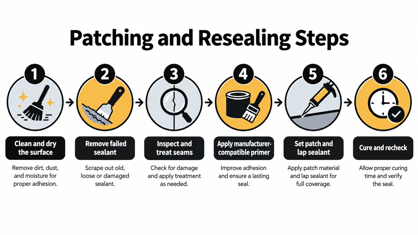 A six-step infographic showing the process for patching and resealing a surface, from cleaning to final curing.
