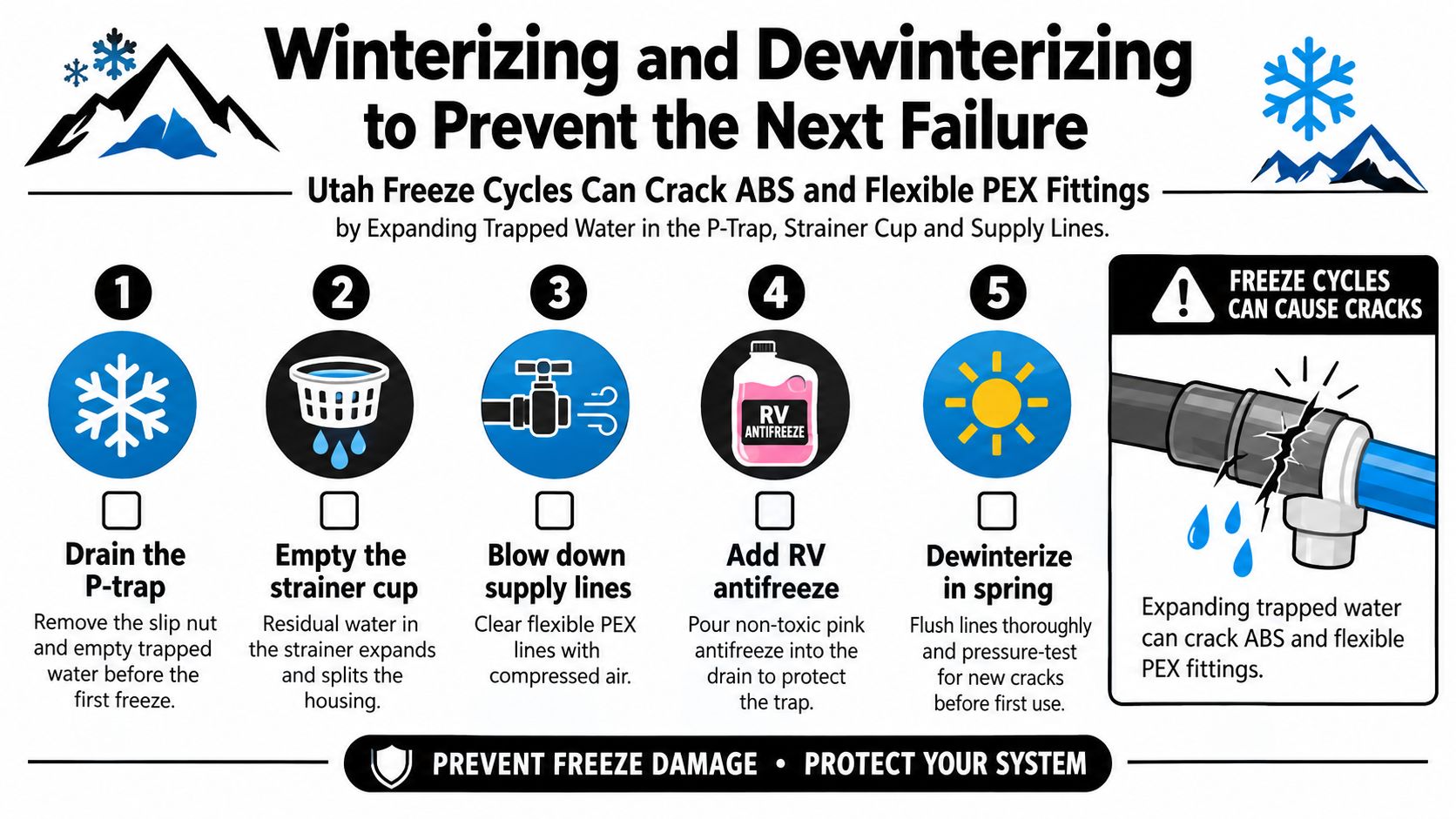 An infographic showing a five-step process for winterizing and dewinterizing RV plumbing to prevent freeze damage.