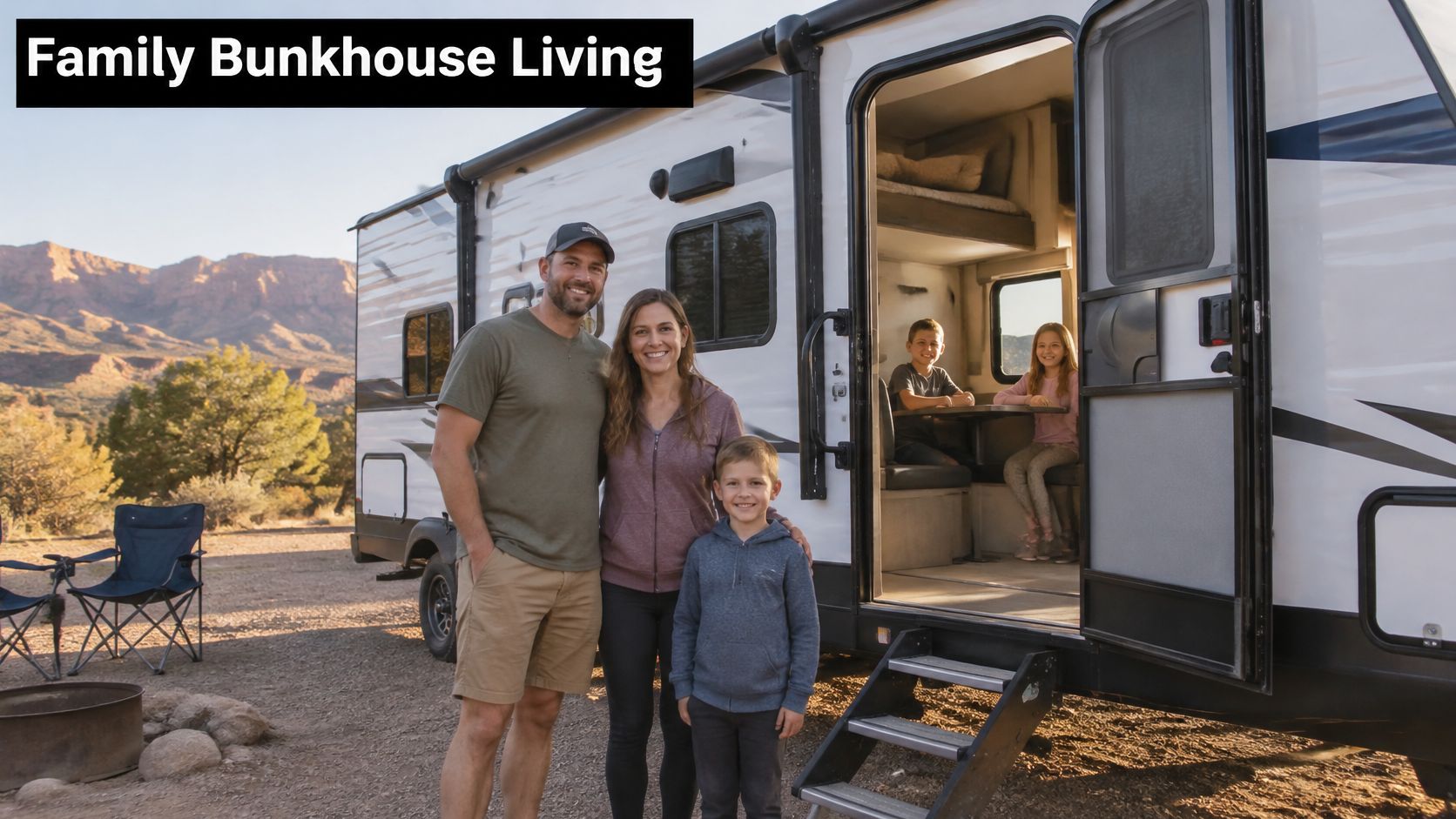 A happy family standing in front of their bunkhouse travel trailer at a desert campsite.