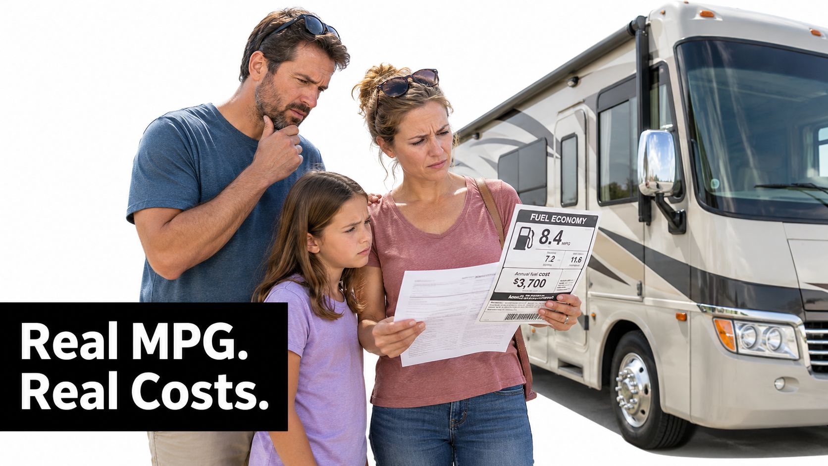 A family of three looks concerned while reading a fuel economy sticker in front of their motorhome.
