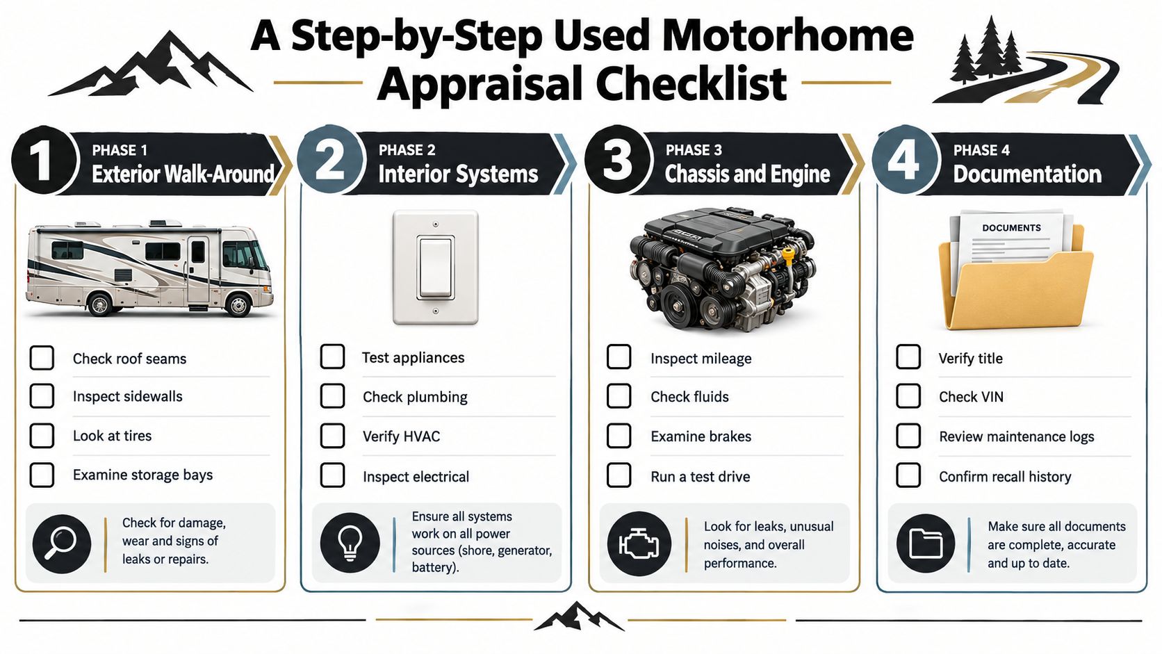 A four-phase checklist graphic for appraising a used motorhome, covering exterior, systems, engine, and documentation.