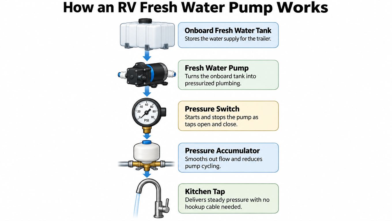 A diagram illustrating the step-by-step process of how an RV fresh water pump system functions.