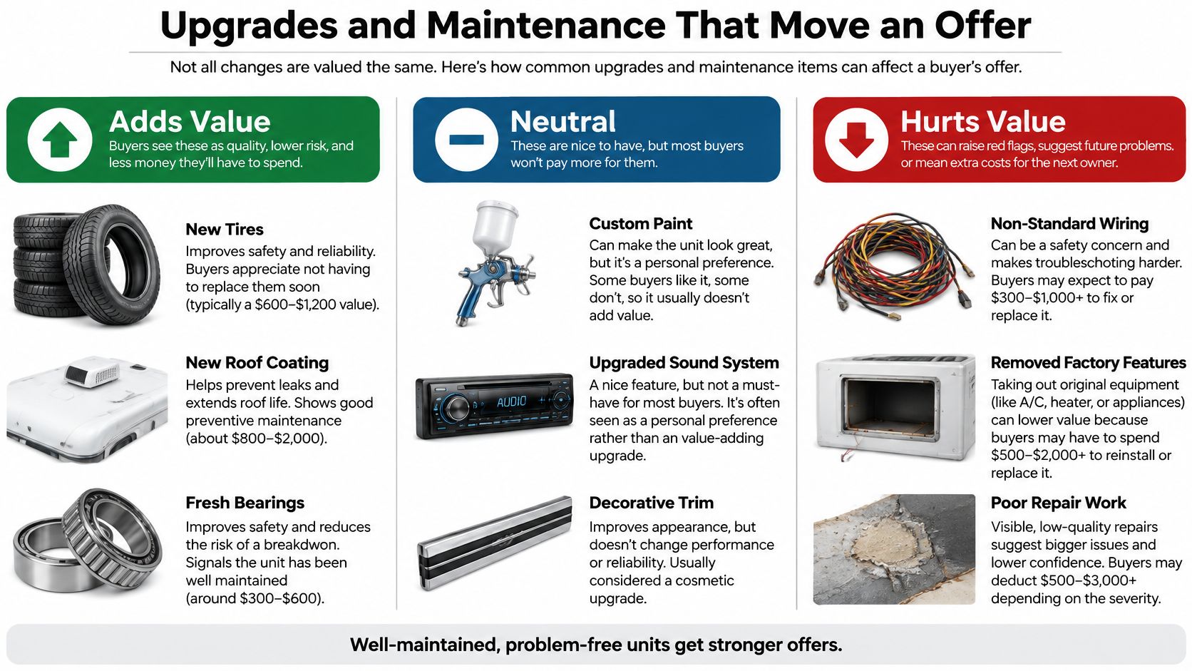 A guide showing how vehicle upgrades and maintenance can positively or negatively affect buyer offer prices.