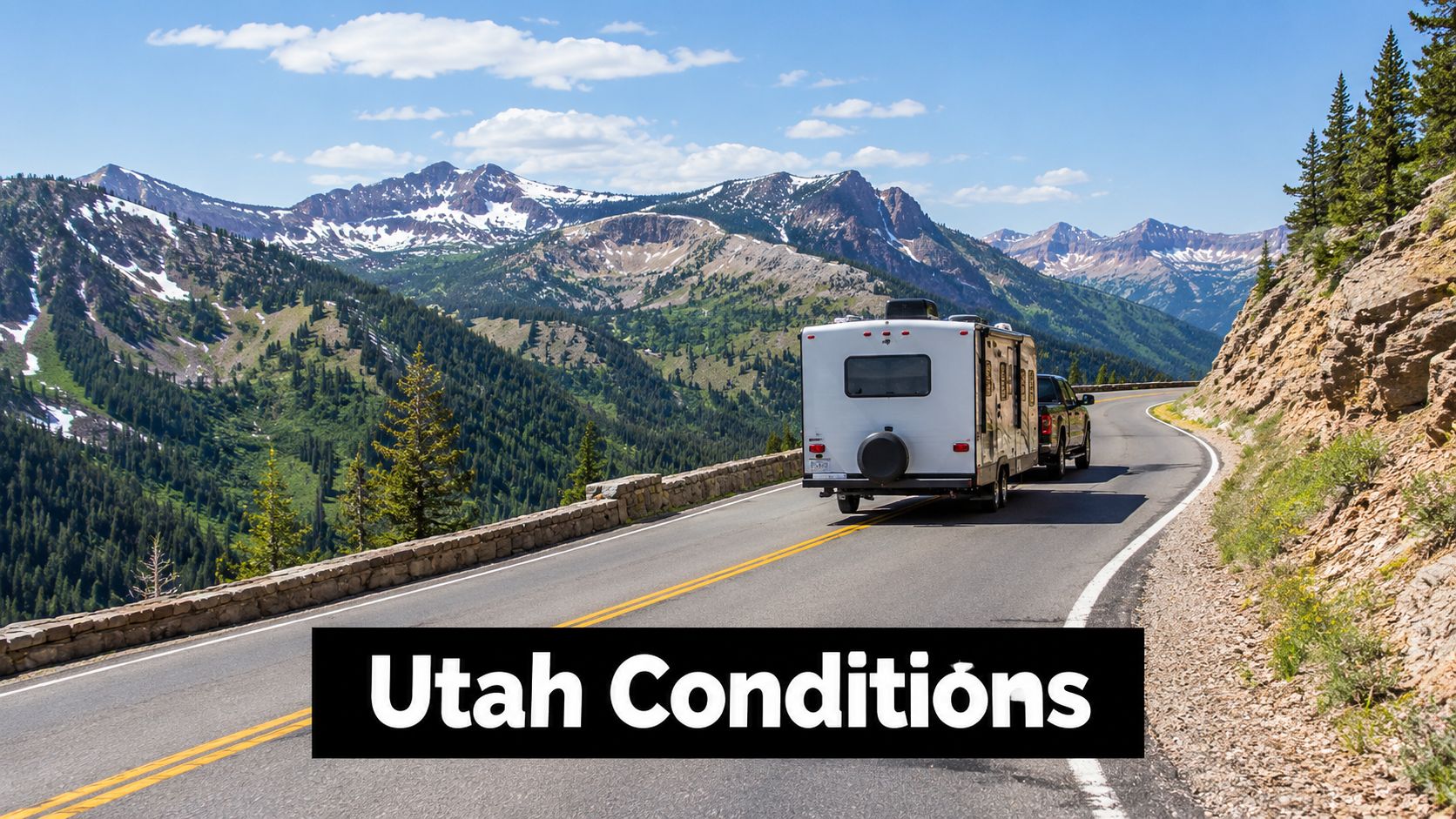 A travel trailer being towed by a truck on a scenic mountain highway in Utah during summer.
