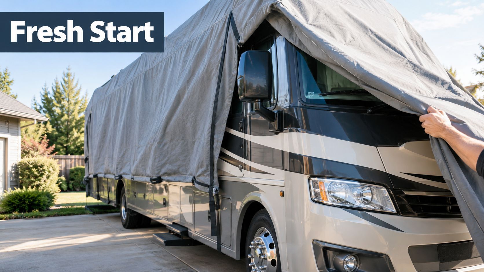 A person preparing to remove a gray storage cover from the front of a luxury recreational vehicle.